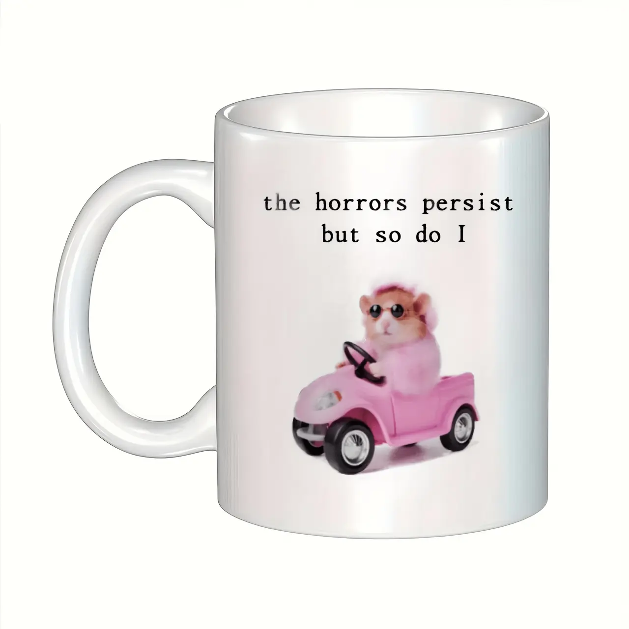 One Ceramic Coffee Mug Featuring a Humorous Pink Hamster Driving a Car, with an 11 Oz Capacity. Ideal for Both Summer And Winter Beverages, This Reusable Cup Makes a Great Gift for Various Occasions, Including Home And Party Decorations, Birthdays