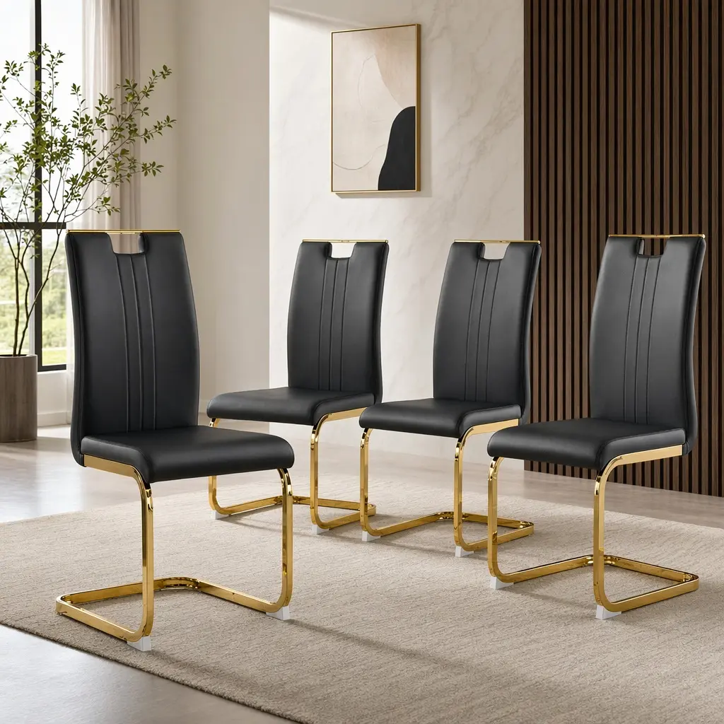 Set of 4 ARCH Black and Gold PU Leather Modern Dining Chairs - Cantilever Metal Frame, Contemporary Upholstered Side Chairs for Kitchen & Dining Room, Black Dining Chairs