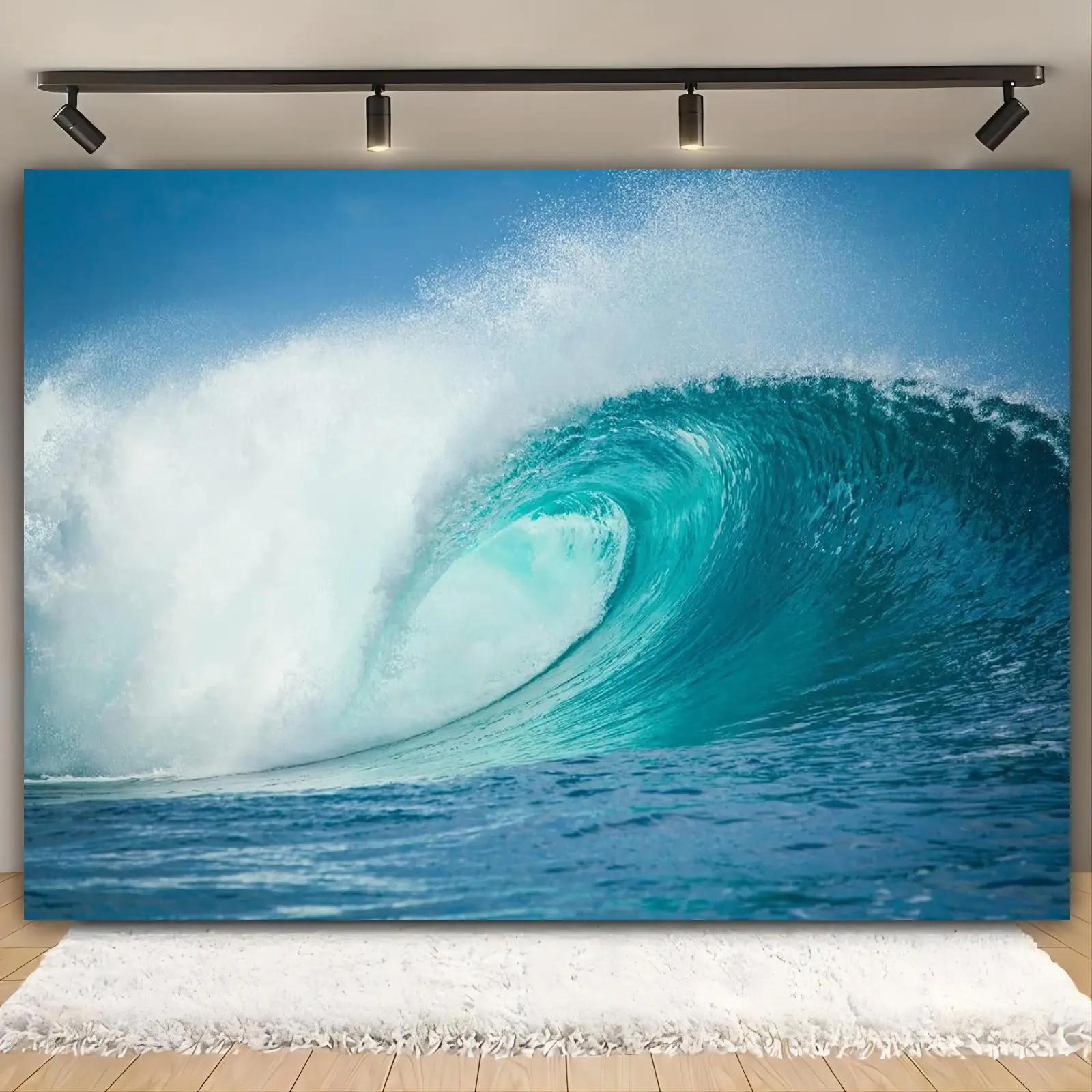 Hyperrealism Print Ocean Wave Polyester-Vinyl Backdrop, Power-Free Vibrant Blue Sea Surf Banner, Elegant Festive Backdrops & Banners for Birthday, Watch Party (Multiple Sizes Available)