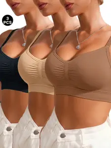 3pcs Soft Breathable Seamless Bra Set, Sporty Lingerie Underwear for Women, Full Coverage Deep Cup, Detachable Pads, All Seasons