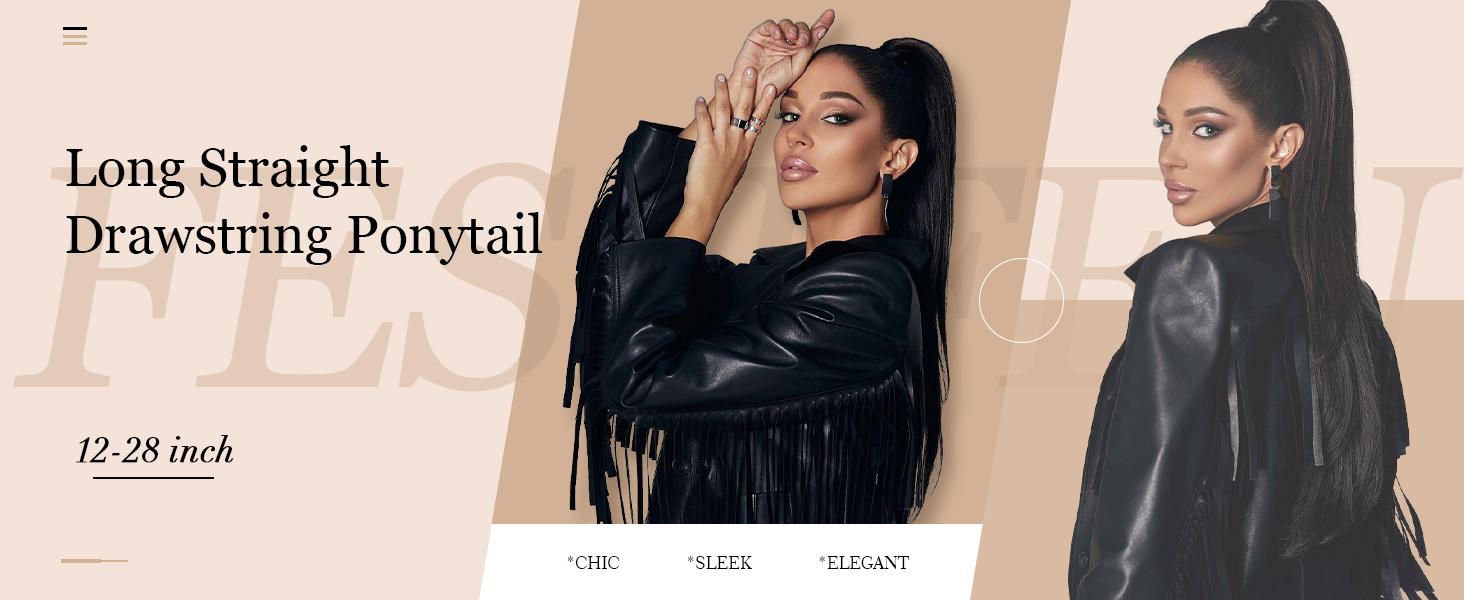 FESHFEN Straight Ponytail Extensions Long Drawstring Natural Synthetic Pony Tail Hair Pieces Clip in Ponytails Hairpieces for Women