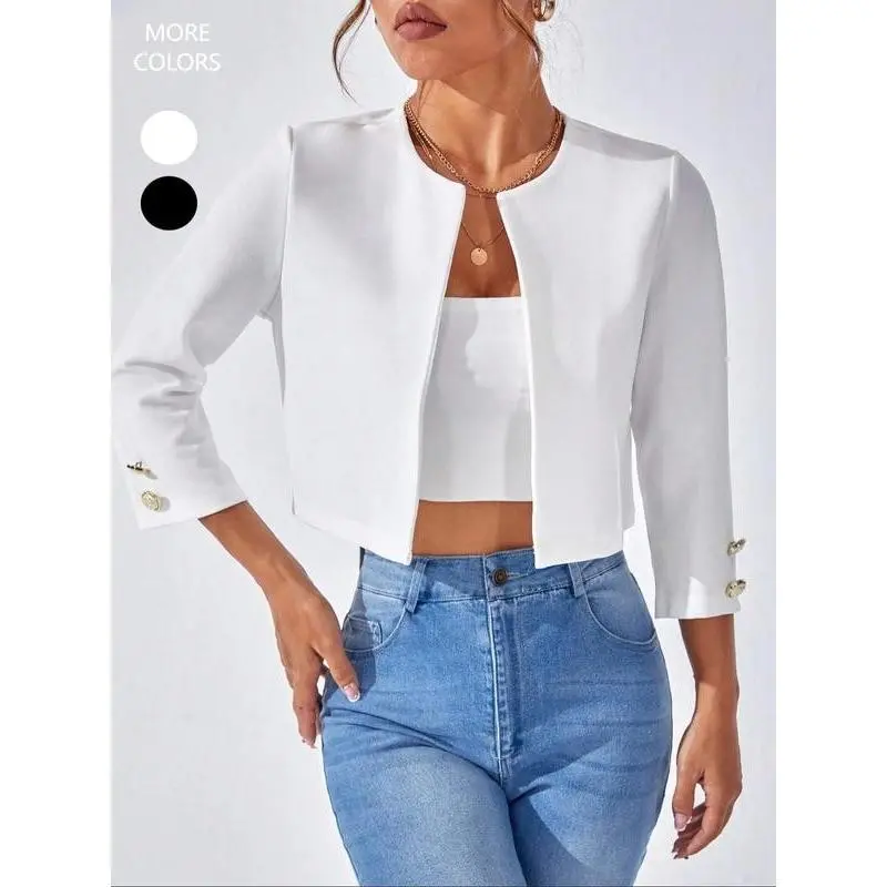 Women's Solid Round Neck Blazer, Casual 3/4 Sleeve Outerwear For Work Office Business, Ladies Clothes For All Seasons