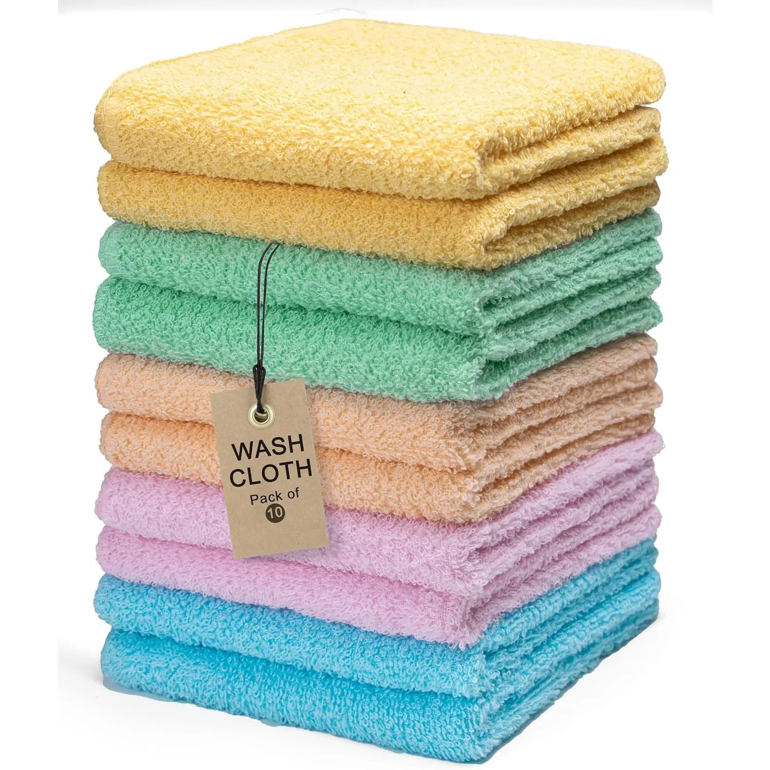 Terry Washcloths - 12x12 Inches - Pack of 10 - Multicolor - Highly Absorbent, Soft Feel and Multipurpose  Wash Cloths for Everyday Use