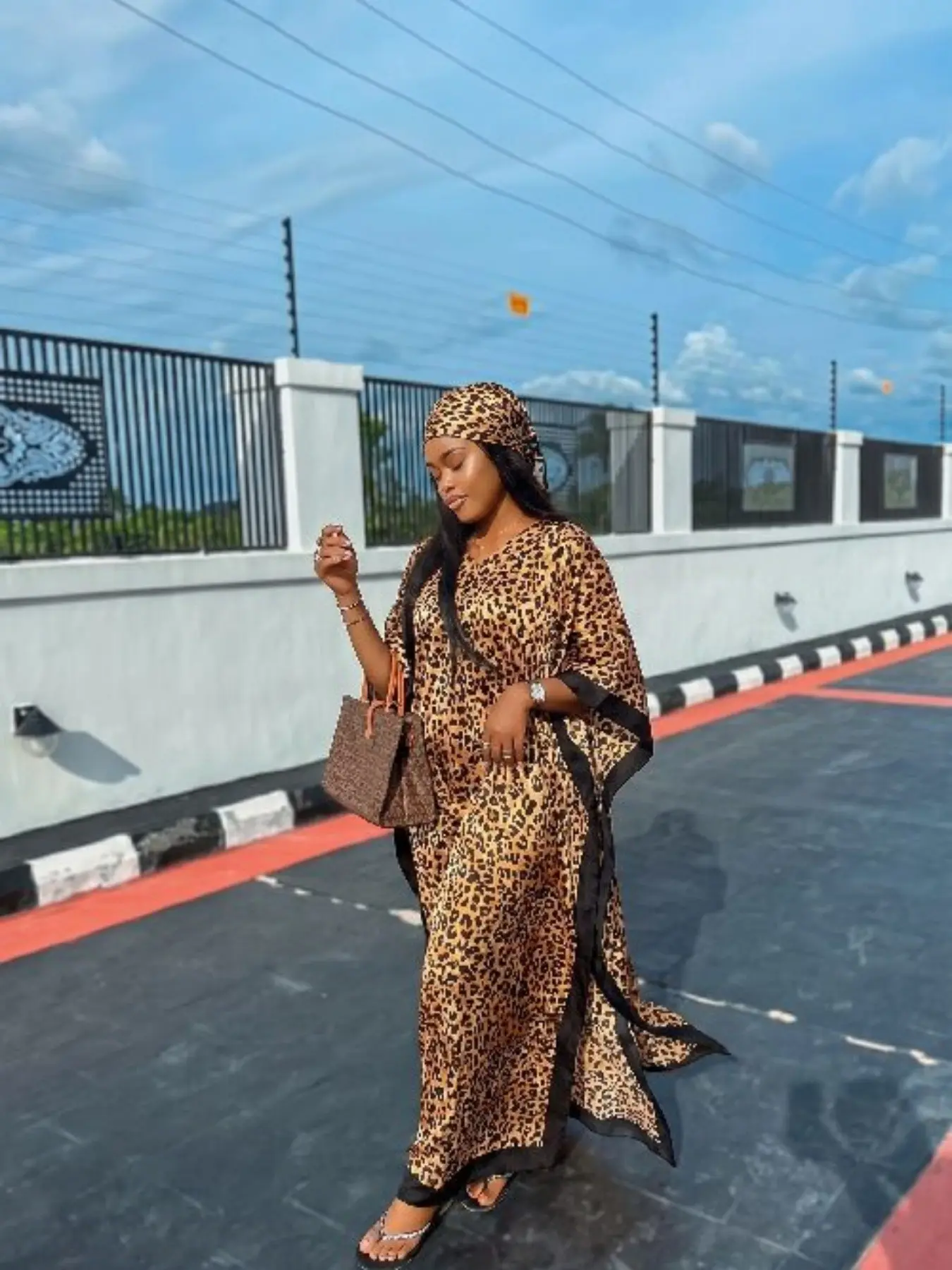 Boho Style Women's Elegant Leopard Print Long Robe Set, Long Dress + Headscarf Scarf Hairband, Daily Beach Vacation Sun Protection Lightweight Wrap