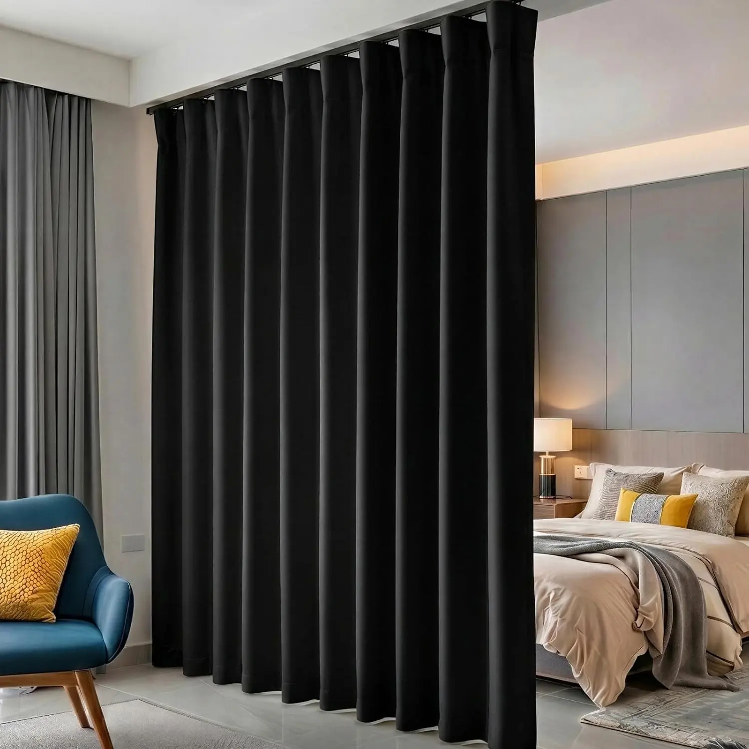 Room Divider Curtains Blackout Floor to Ceiling Curtain with Hook Wall Mount Sliding Door Curtains Ceiling Mount Extra Wide Curtain Wall Divider for Room Separation (Black, W100 x H84 Inch)