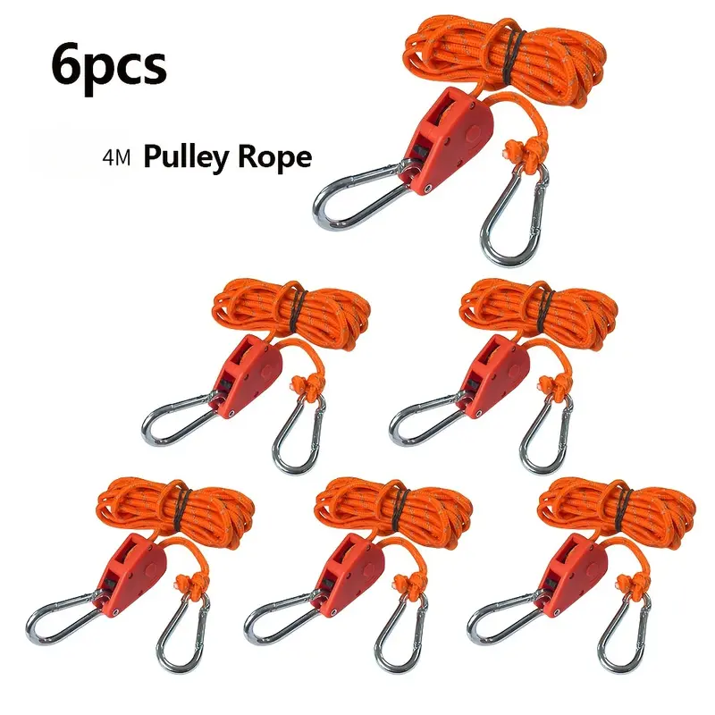 6 Pack 4M Pulley Rope Adjustable Heavy Duty Ratchet Hanger Rope with Carabiner Clips for Camping Tent Canopy Gardening Outdoor Use