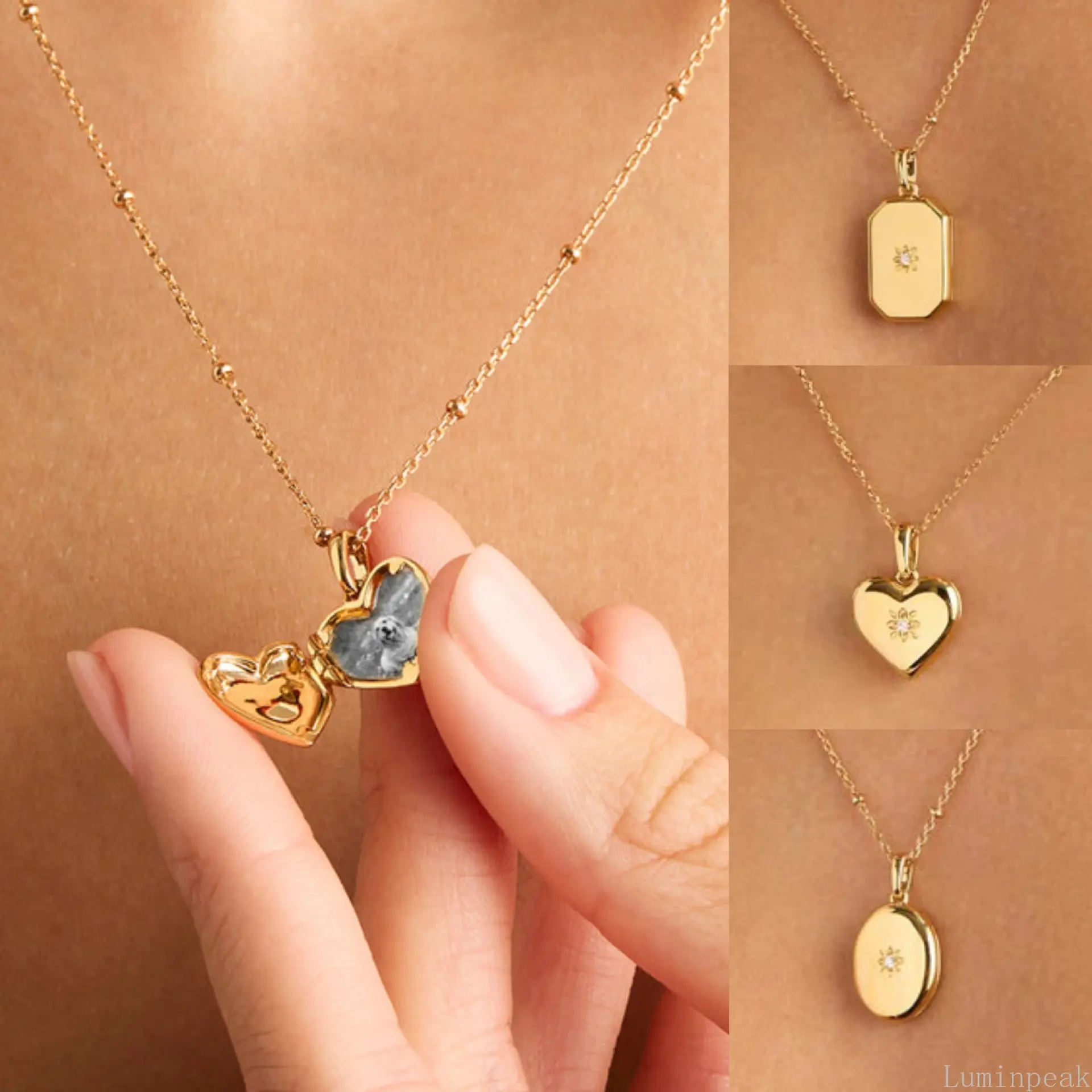 Gold Plated Heart Locket Necklace for Women, Minimalist Zircon Pendant, Dainty Casual Clavicle Jewelry, Memory Love Gift for Daily Wear, Heart Necklace, Gifts For Women, Female, Dainty Clavicle Jewelry, Metal Plated Gold, Cool Women Gifts