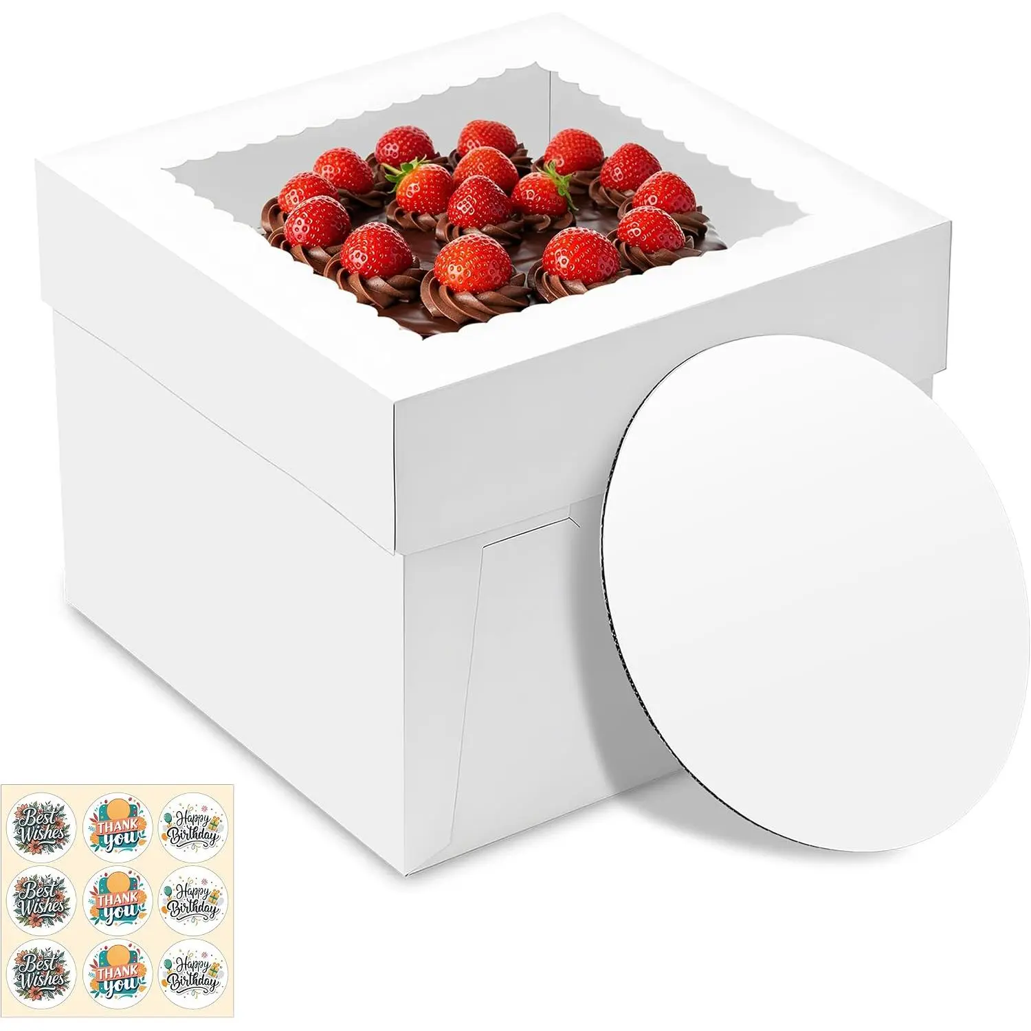 3 Pack Cake Boxes, 10x10x8 Inches Tall Cake Box with Window, White Cake Boxes with Cake Boards, Square Bakery Box for Cake, Treat Cookie Dessert, Pastry, Birthday Party, Mother's Day, Weddings