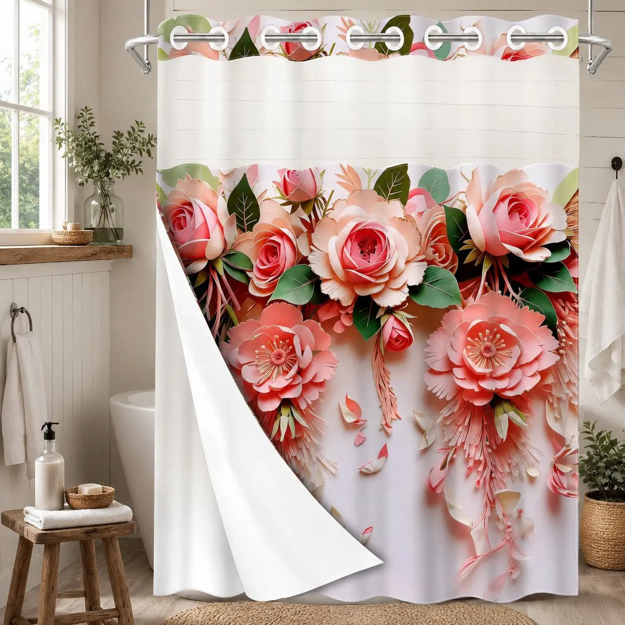1PC 2D Flat No Hooks Double Layer Hookless Shower Curtain, Boho Shower Curtains For Bathroom, 3D Paper Art Pink Rose Flower Print Waterproof Fabric, Detachable Buckle Liner, Bathroom Divider, Home Decor, Decorative Shower Curtain, Shower Curtain Floral