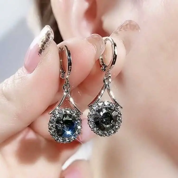 Hong Kong Retro Western-Style Earrings, Unique Niche Gray All-Over Rhinestone Round Drop Earrings, Premium Light Luxury Jewelry DL260804C05, Drop Shape