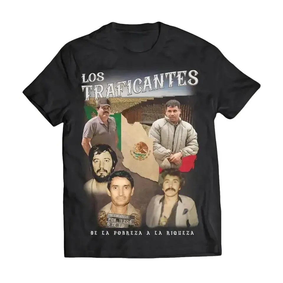 🇲 🇽 🖤 🎵 Men's Cotton Short-Sleeve Round-Neck T-Shirt - Menswear, Digital Print Narco Trafficker Graphic, Mexican Mafia-Inspired Casual Streetwear, Gangster History Retro Poverty-to-Power Theme Top