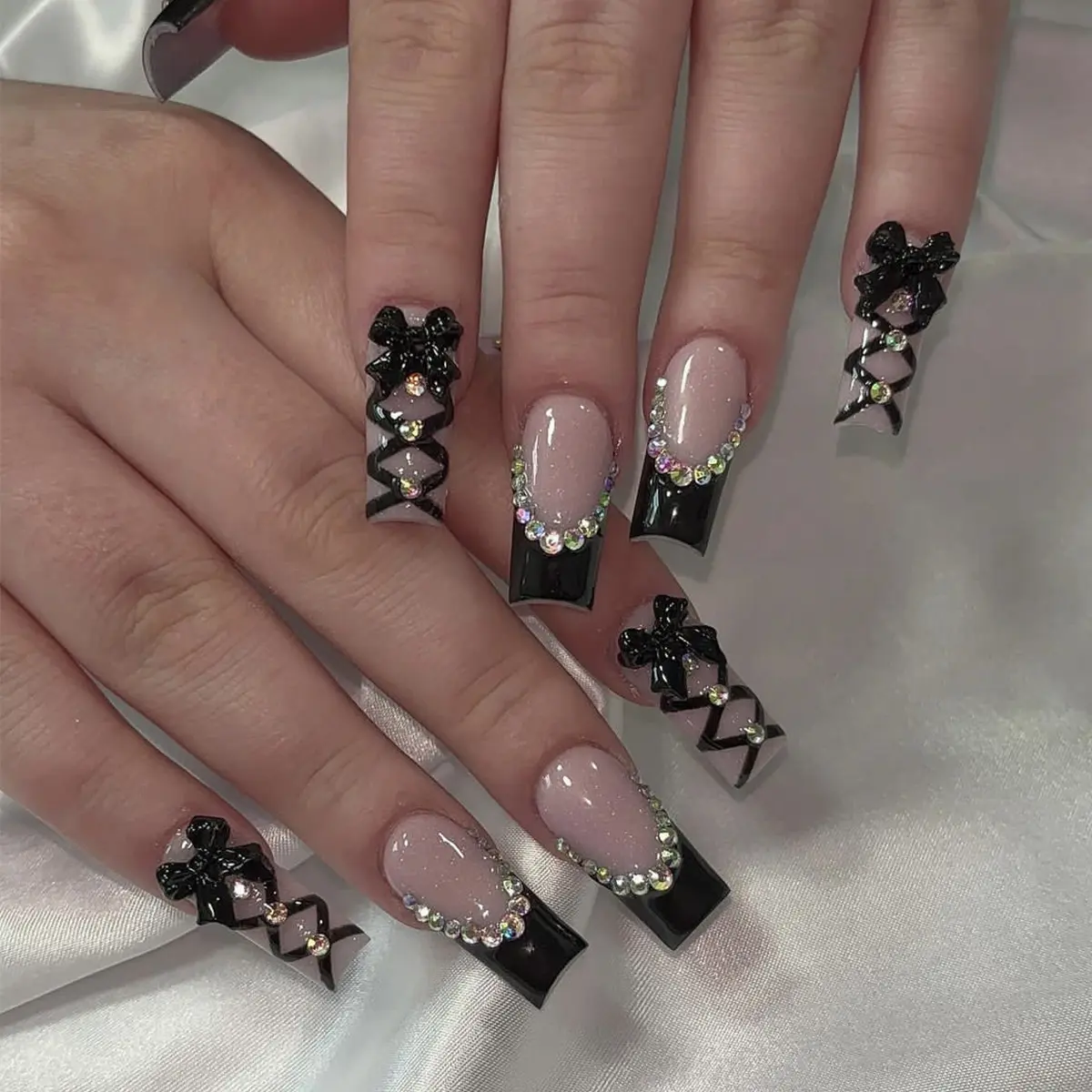Glossy French Tip Press On Nails, Medium Square Shape False Nails with Crisscross Ribbon, Bow & Rhinestones - Reusable Party Looks Fashion Accessory