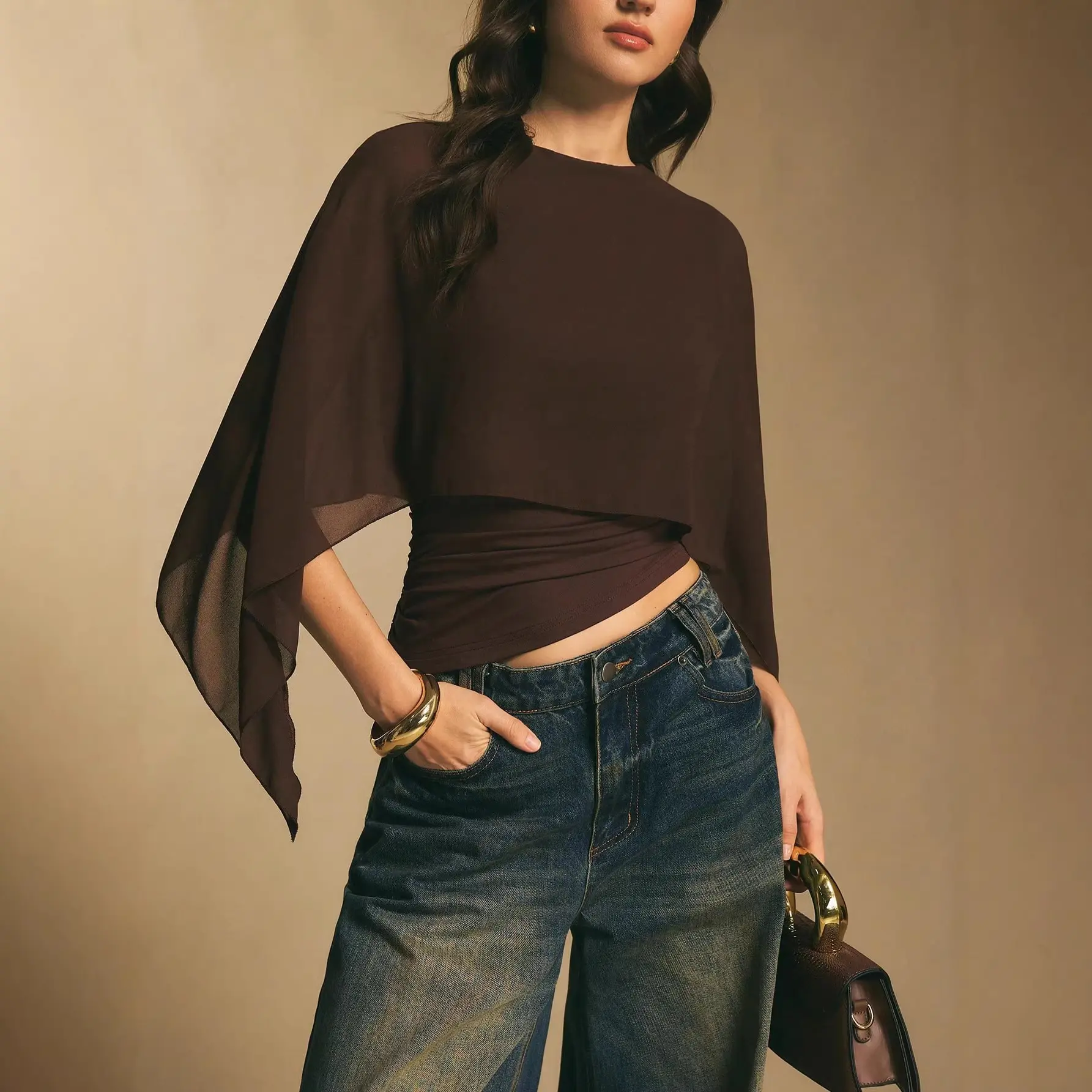 Women’s Chiffon Cape Blouse with Ruched Wrap Waist, Sheer Batwing Sleeve Layered Top, Elegant Asymmetrical Dressy Shirt for Casual Work Office Date Night Party Wedding Guest & Evening Outfits