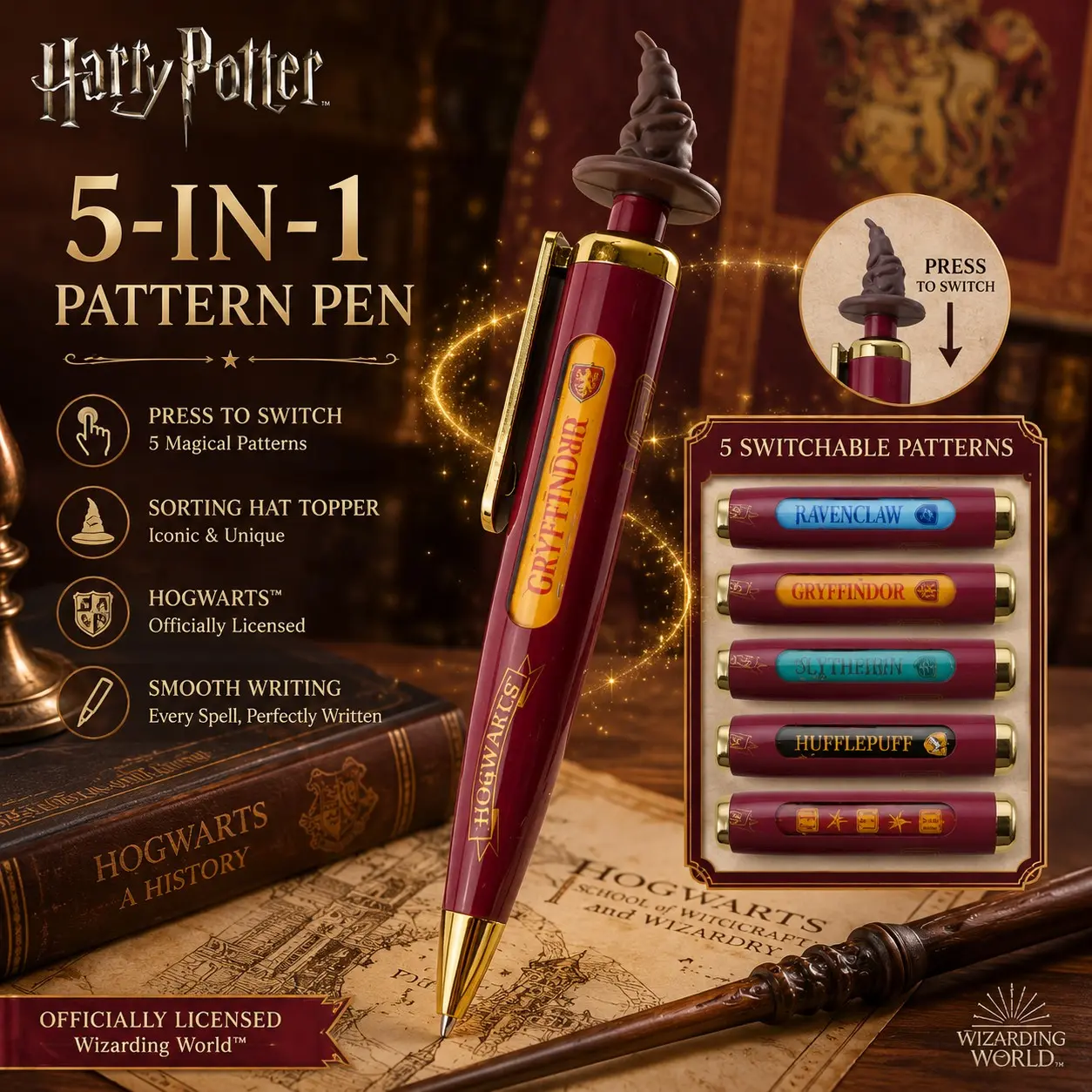 Harry Potter Sorting Hat Pen, Wizarding World 3D Figure Ballpoint, Aesthetic Pens Desk Stationery, School Supplies, Teen Gift, Hogwarts Cosplay Prop, Unique pens