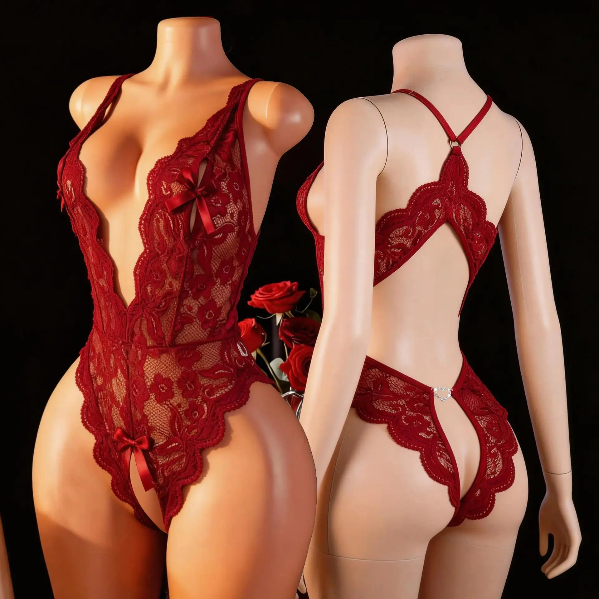 Women's Sexy Floral Lace Teddy Bodysuit with Rhinestones, Deep V Crotchless Open Back, Valentines Day Romantic Love Gift for Her, Lingerie, Romantic Gifts For Her