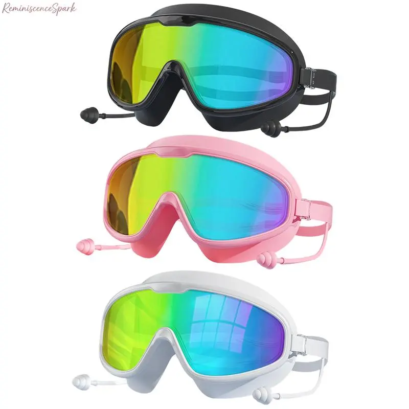 3-Pack Adult Large Frame Swim Goggles with Built-In Ear Plugs, HD Anti-Fog Waterproof Lenses, Partial Mirror Electroplated Lenses Included, Leakproof Eye Gear. Wide Vision Eyewear for Swimming, Snorkeling Diving & Summer Water Sports