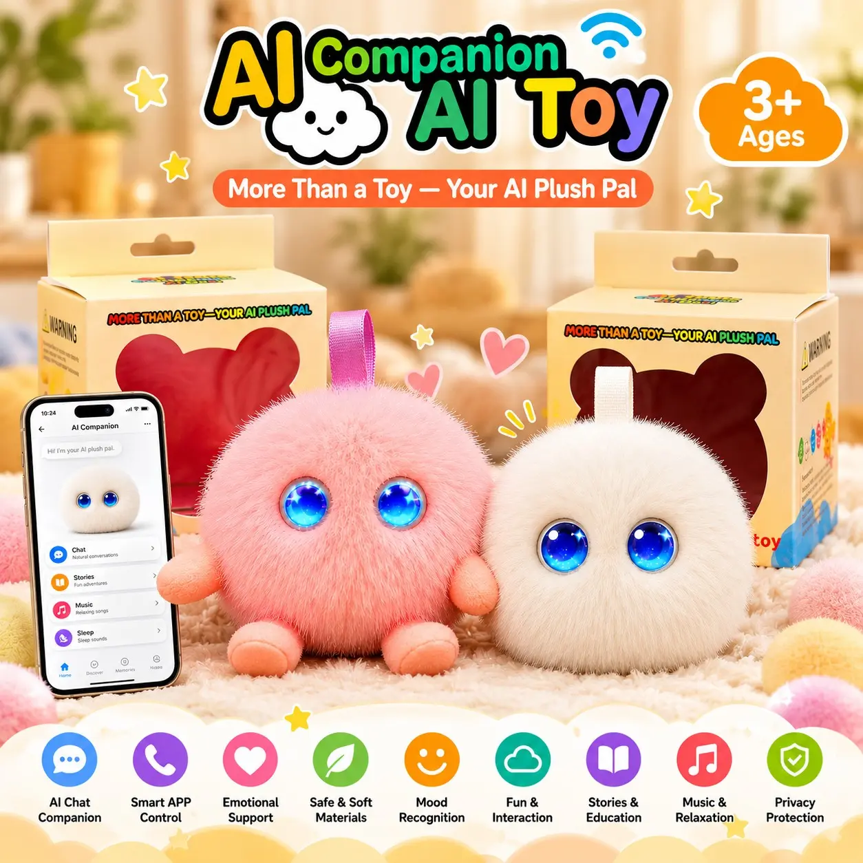 / Ai Interactive Plush Doll, Cute Smart Companion Toy, Voice Chat, APP Control, Story Music, Rechargeable, Soft Plush Kids Toy, Ages 3+