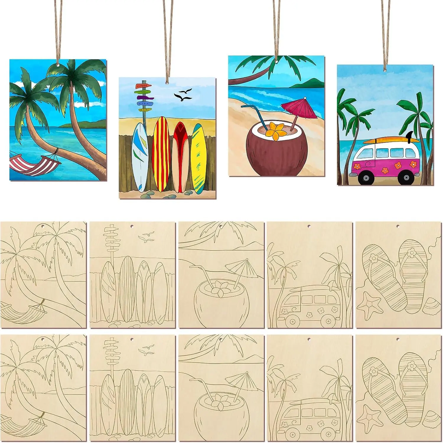 10 count Large Summer Unfinished  Crafts to  for Adults, Bulk Predrilled Wooden Ornaments for Painting, Beach Paintable  Slices Craft Supplies with Ropes