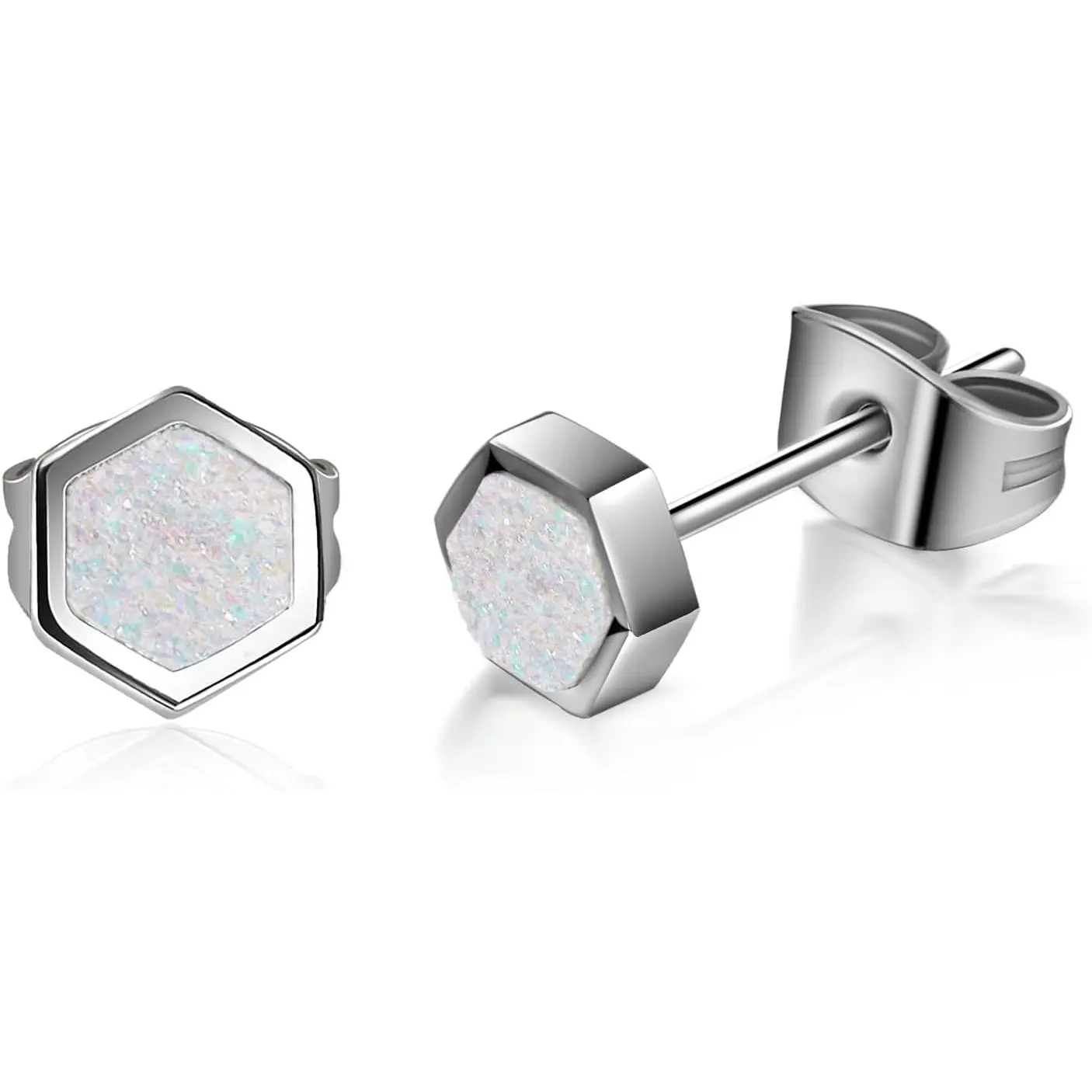 TGNEL Dainty Hexagon Druzy Stud Earrings for Women, Pure Titanium & Hypoallergenic for Sensitive Ears, Daily Wear Gift, 0.8Mm, Choking Hazard Small Parts, Dainty Shiny Druzy, Female, Polished, Push Back, Real Pure Titanium, Casual, Druzy Stone