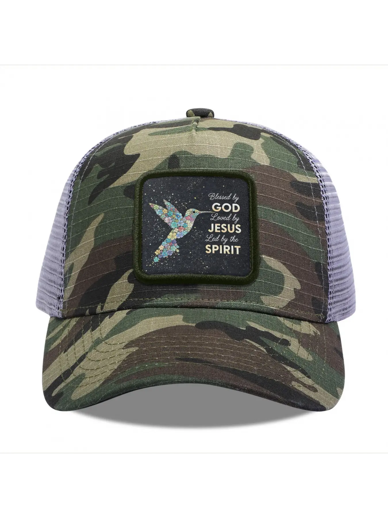 Blessed by God Loved by Jesus Led by the Spirit Camouflage Mesh Baseball Cap for Men & Women - Adjustable Snapback Trucker Hat, Breathable Back for Hiking, Fishing, Camping, Golf & Casual Outdoor Attire Camouflage Random