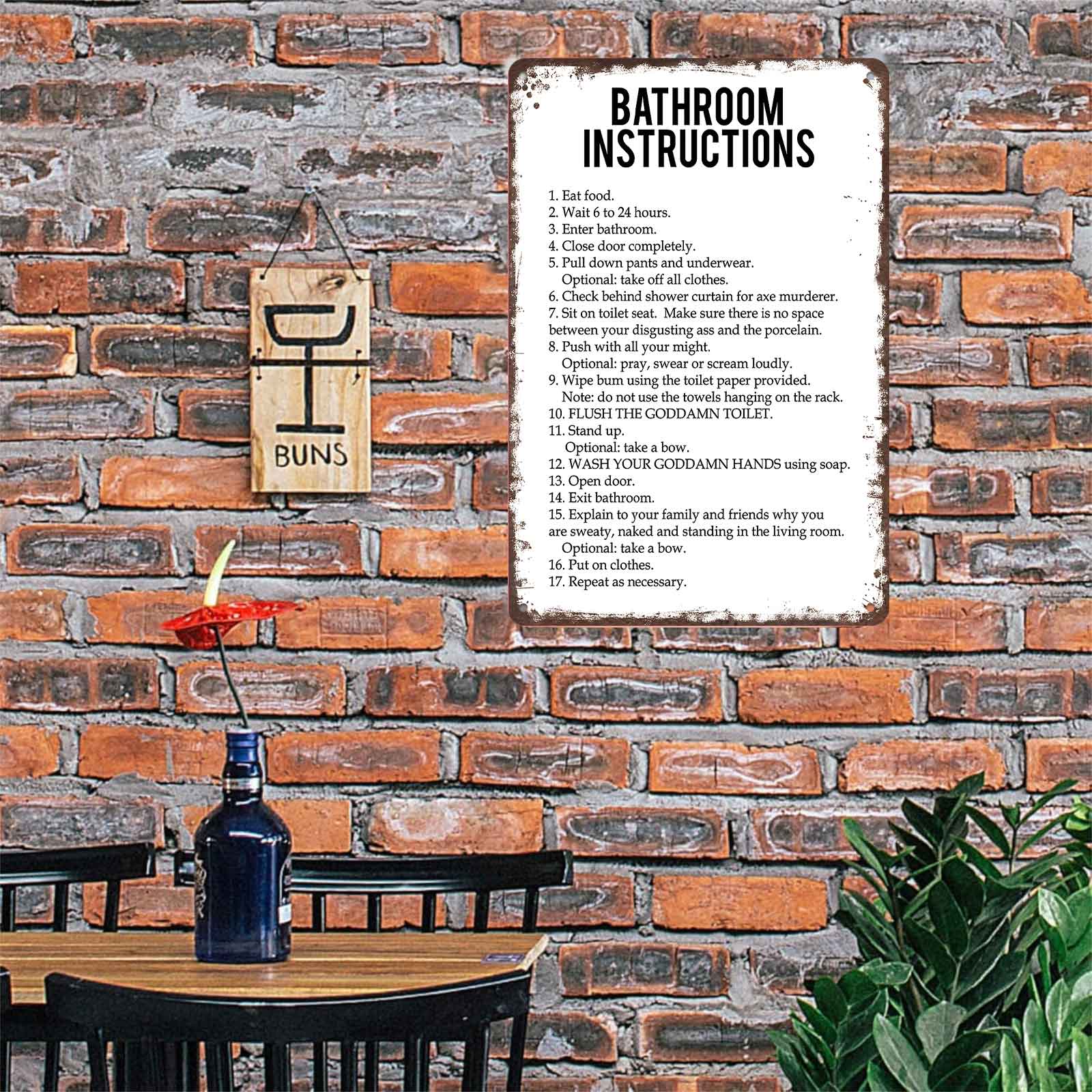 8x12 Inch Aluminum Metal Sign - Hilarious "Bathroom Instructions" Funny Toilet Wall Art |   Perfect for Home Bathroom, Guest Restroom, Man Cave, Bar, Dorm, and Apartment Decor |   Retro Rustic Tin Plaque, Easy to Hang, Great Gag Gift for Housewarming & Wh