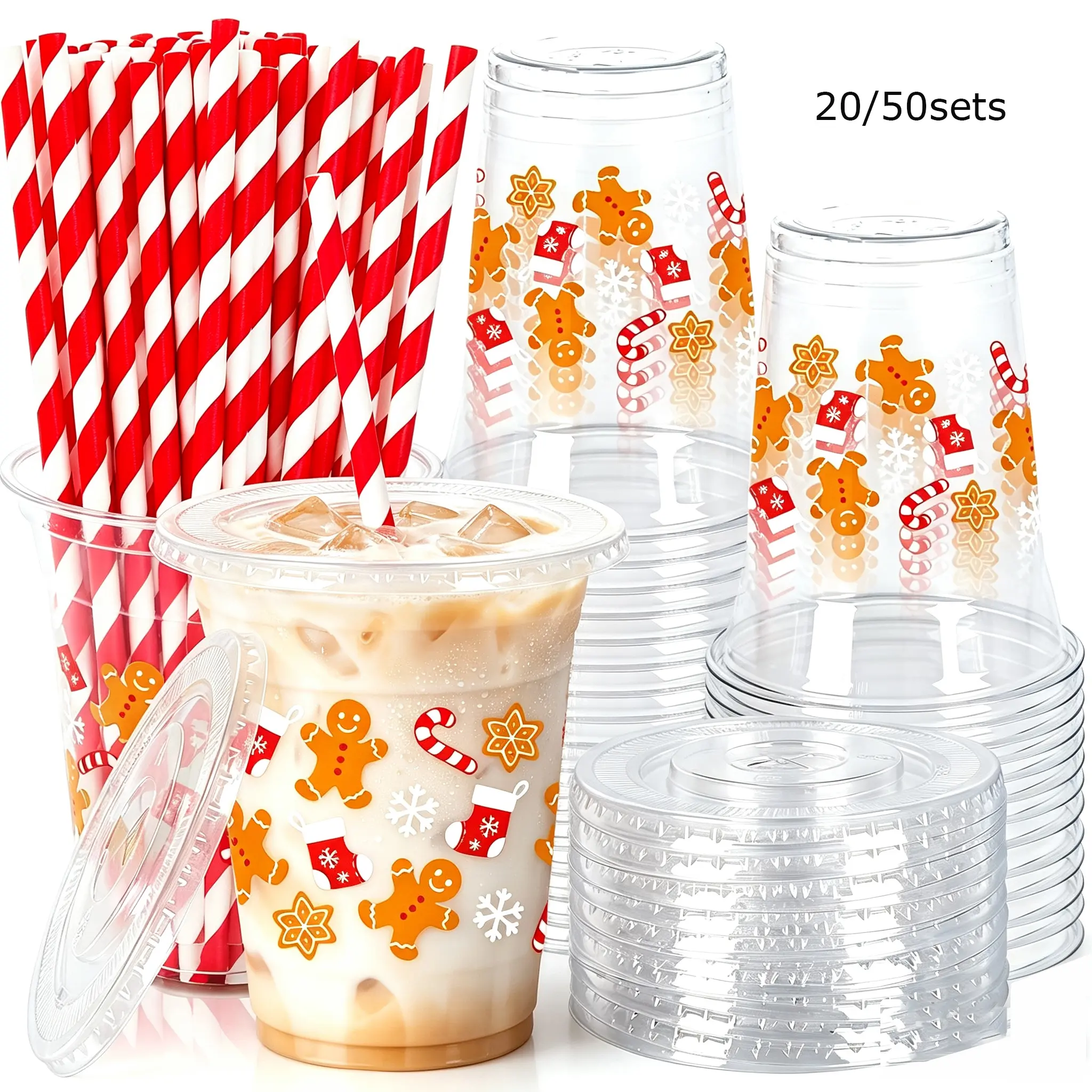 Christmas Plastic Cups with Lids and Straws, 12oz Holiday Disposable Cups, Ideal for Christmas Winter Party Supplies