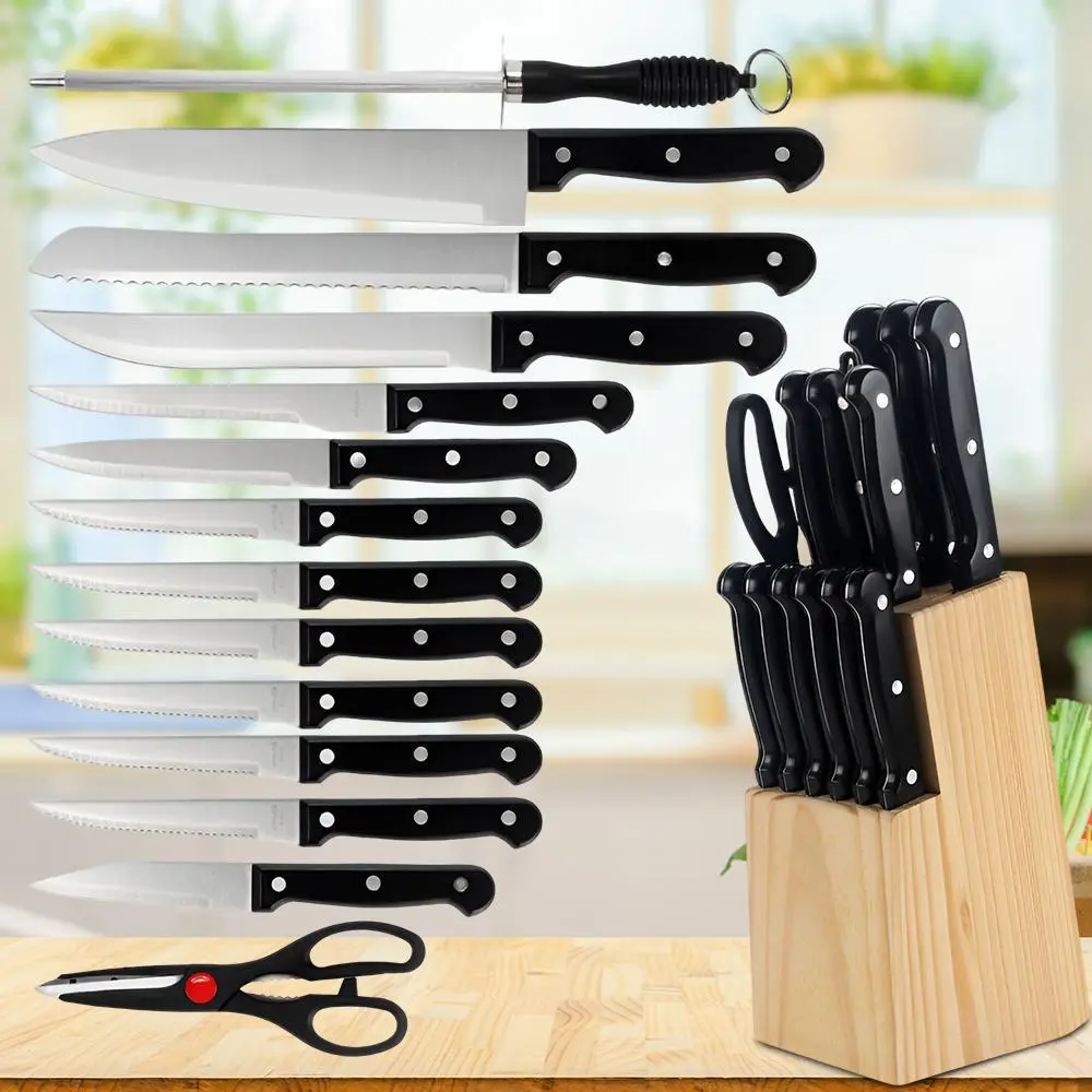 15PCS Kitchen Knife Set with Block, High Carbon Stainless Steel Knife Set with Built-in Sharpener, Black Knife Set with Steak Knives, Scissors & Sharpening Rod#DealsForYouDays