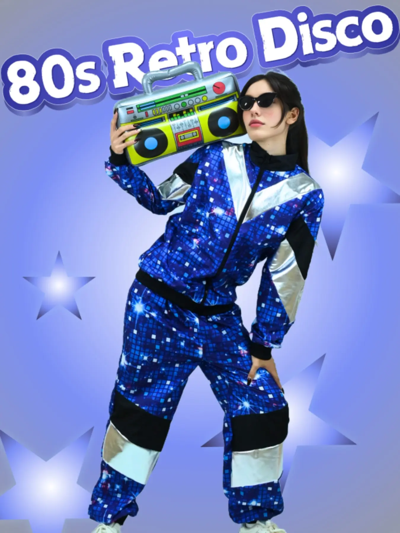 80s Retro Disco Blue Sequin Detailing Plaid Sports Set, Silver Zipper Jacket, Cuffed Long Pants, Perfect for Vintage Parties, Halloween Events