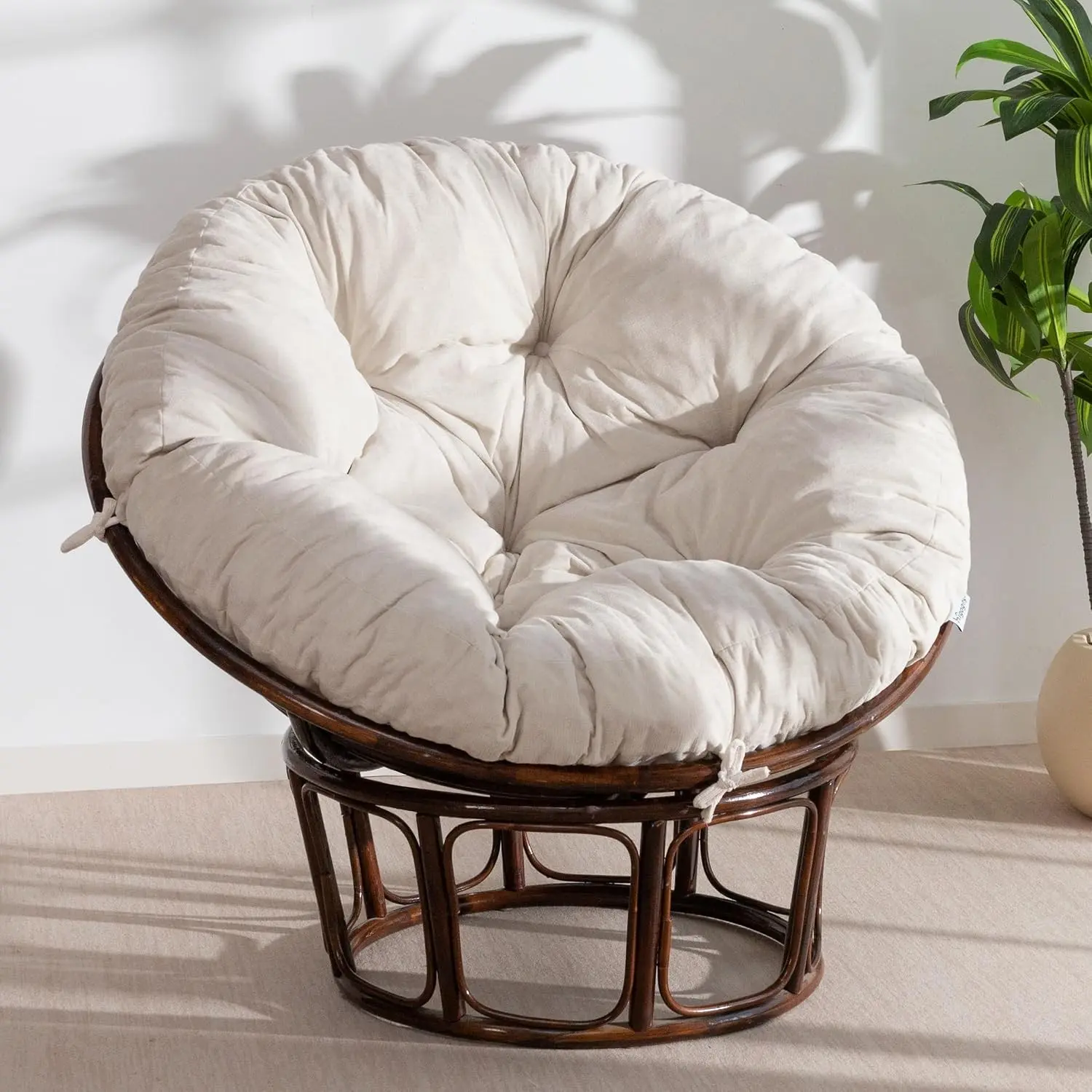 Papasan Chair Cushion with Chenille Cover (Without Chair), Soft Supportive Cushion, Beige, 48 x 48 Inch