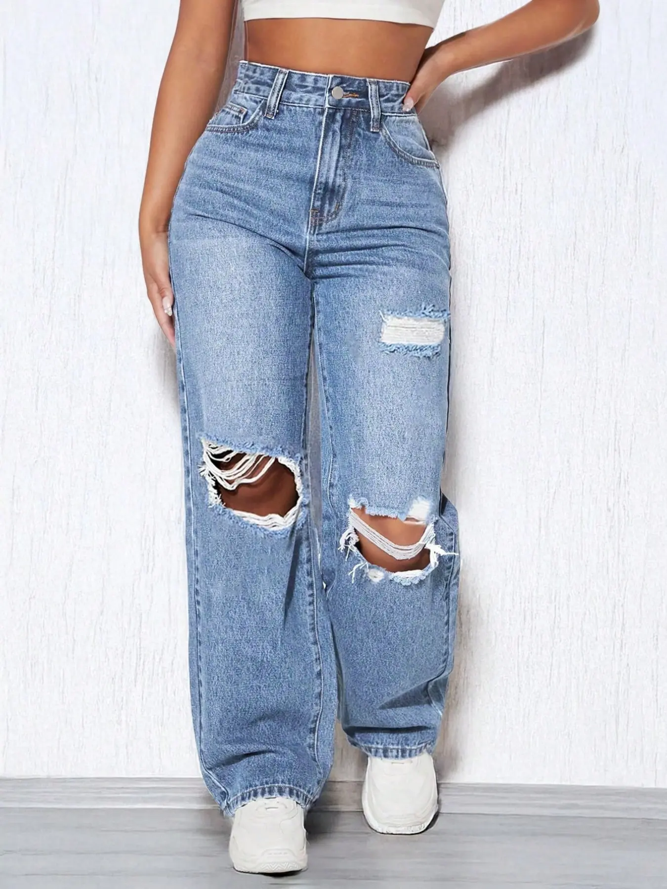 Light Wash Ripped Wide Leg Frayed Hem Jeans Fall Halloween Back To School Birthday Mexican