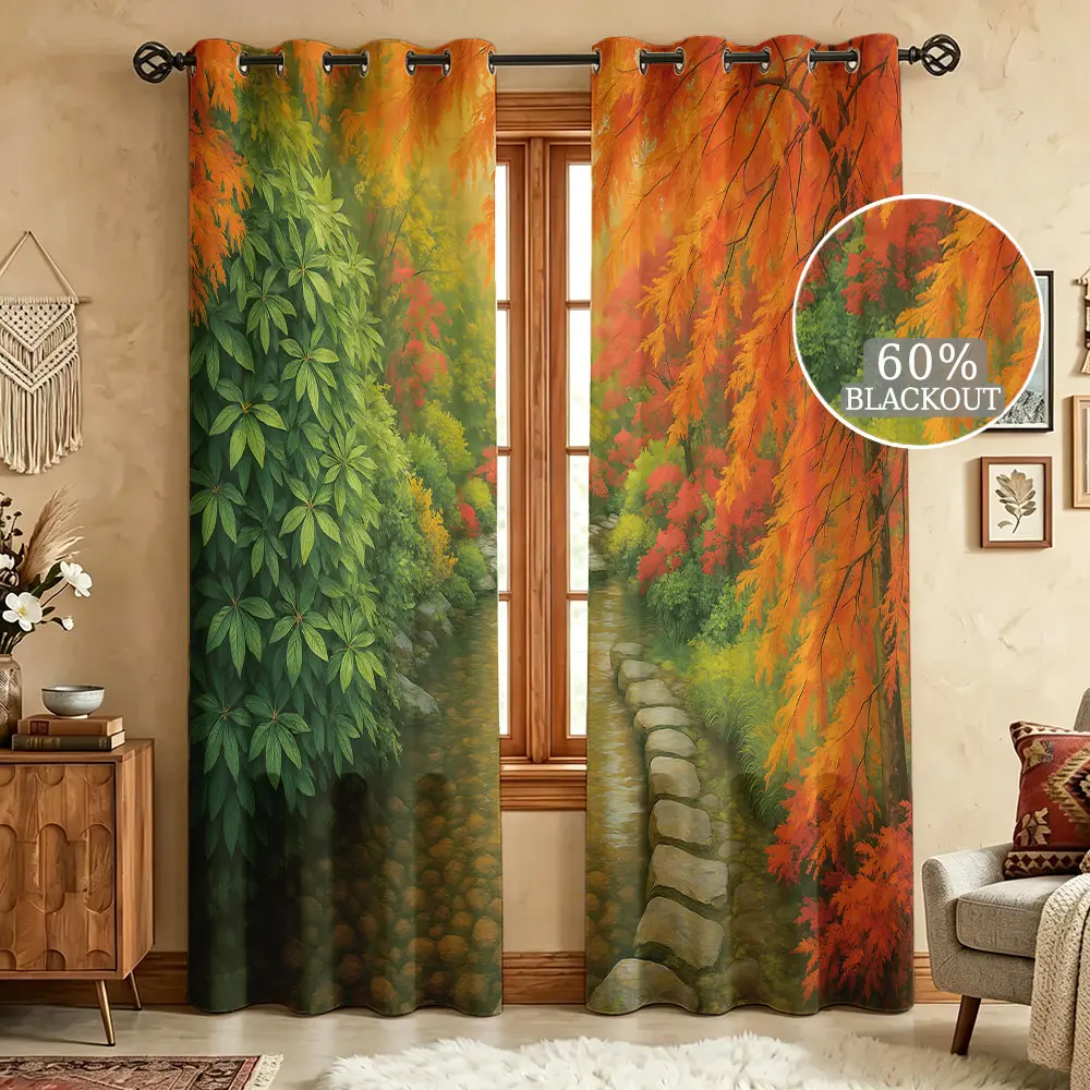 Autumn Green Yellow Maple Leaf Curtains, Forest Stone Path Scenery Window Drapes, 2 Panels Blackout Curtains For Living Room Fall Harvest Home Decor