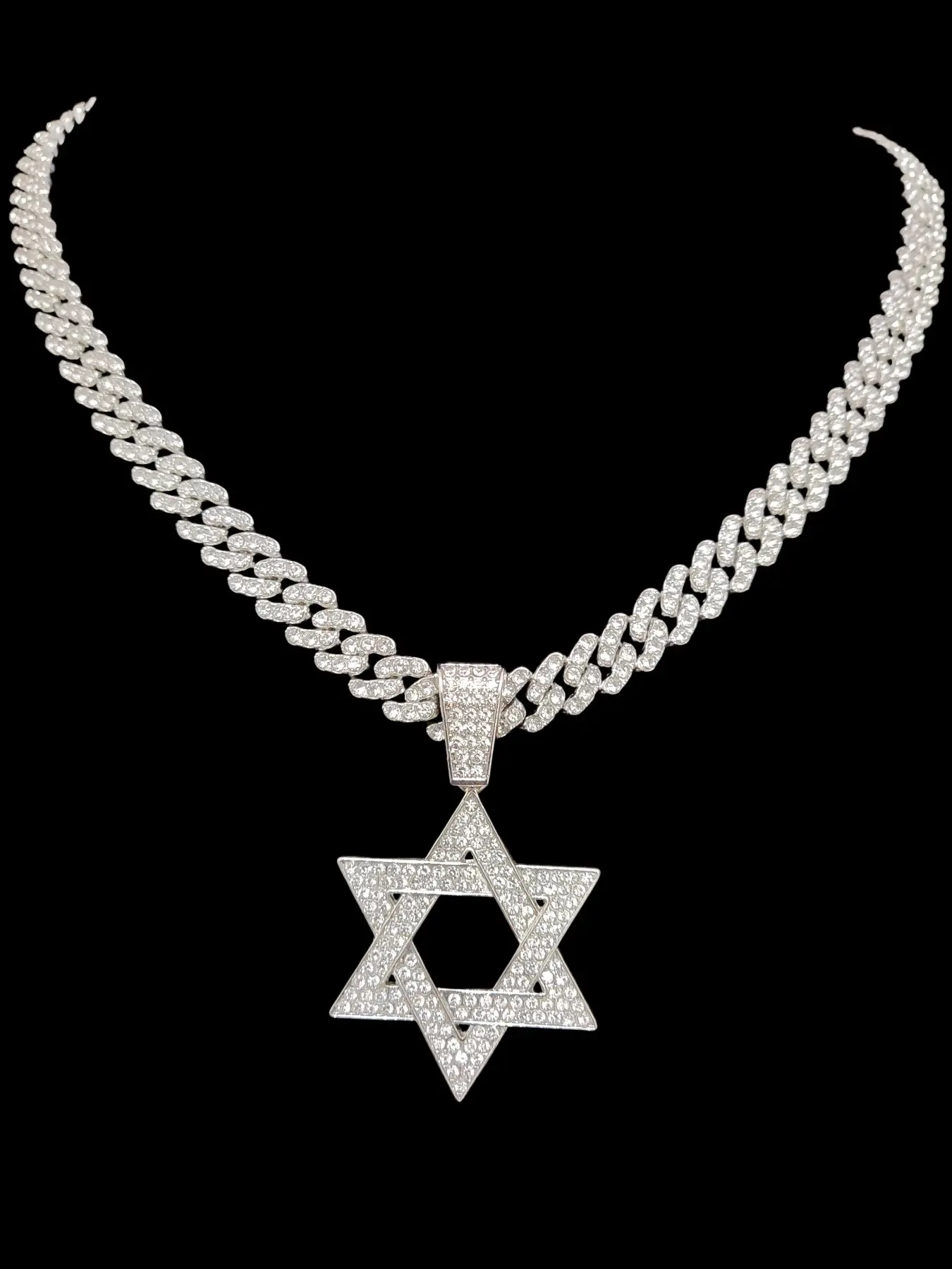 Men Hip Hop Vintage Hexagram Pendant Necklace, Full Iced Out Bling Bling Cuban Link Chain Stree Style Punk Rapper Jewelry, Alloy Pendant Necklace
