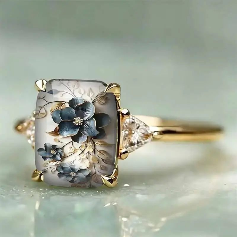 Blue Floral Art Ring for Women, Vintage Oil Painting Effect Flower Ring with Elegant Aesthetic Design, Unique Statement Jewelry Accessory for Daily Wear, Party Outfits, Date Night and Gift Giving campingessentials