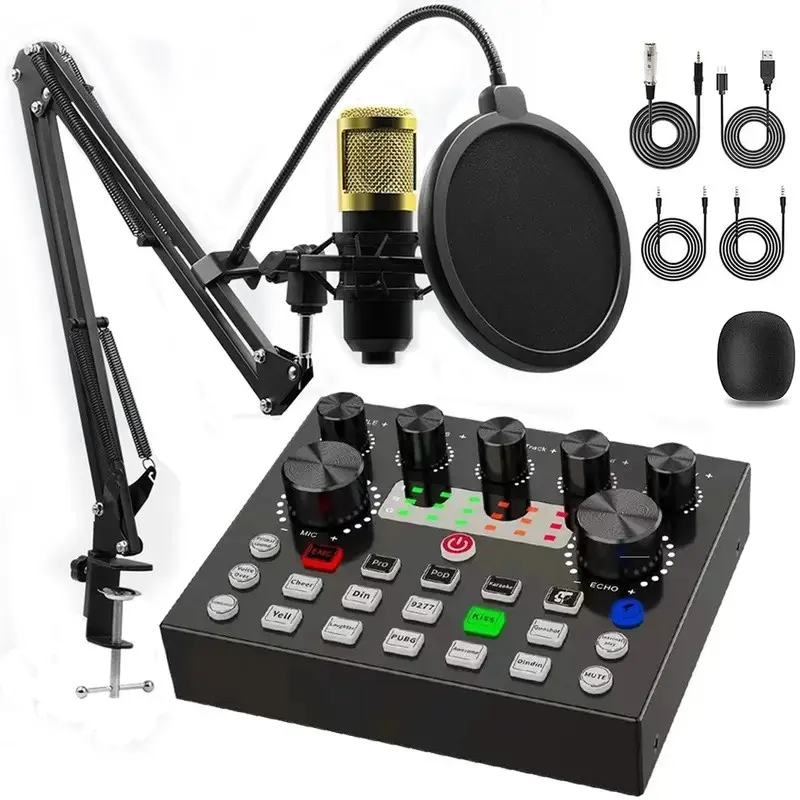 Capacitive microphone combined with V8S sound card kit, professional podcast equipment, including DJ mixing effect board audio interface, suitable for live streaming, recording, singing, voice chatting, gaming and home use