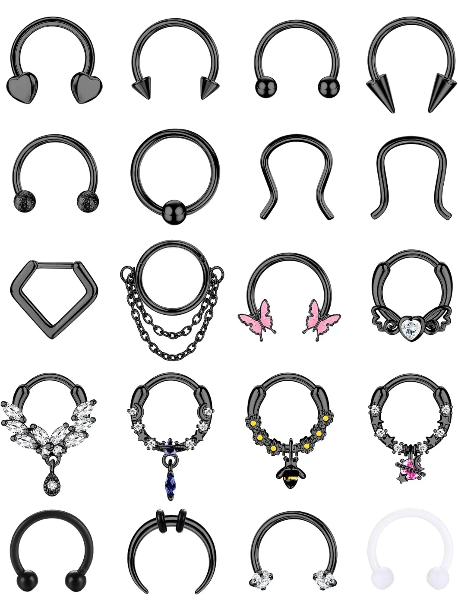 20Pcs Septum Rings 16G Small Septum Jewelry Surgical Steel Septum Clicker Dangle Nose Rings Hoops for Women Men Cute Star Bee CZ Heart Butterfly Chain Septum Rings Septum Piercing Jewelry