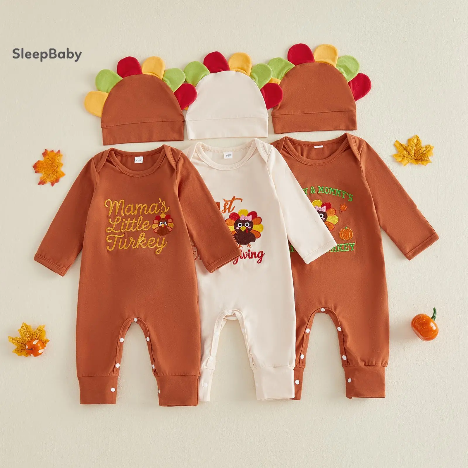 Boy Thanksgiving Outfits Long Sleeve Turkey Embroidery Jumpsuit with Hat