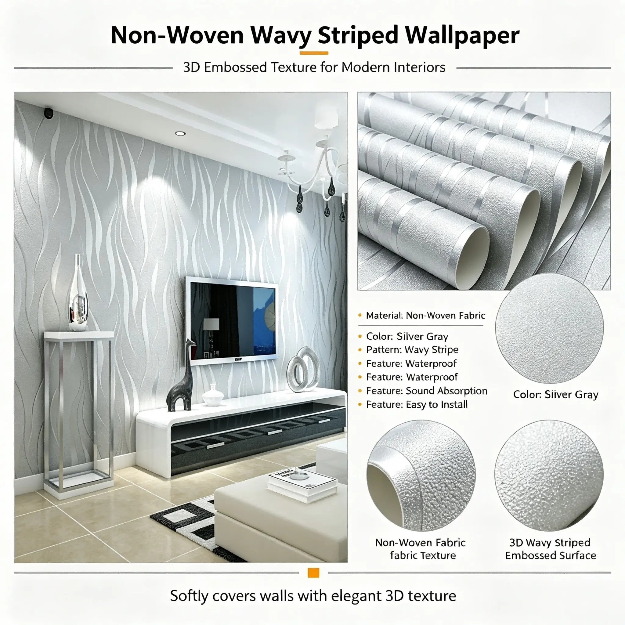 1 Roll 3D Striped Wave Non-woven Wallpaper, Minimalist Style, 20.86in\*118in, Self Adhesive Removable Peel and Stick Wallpaper, Modern Water Wave Wall Covering for Living Room Bedroom Kitchen Bathroom Home Decor