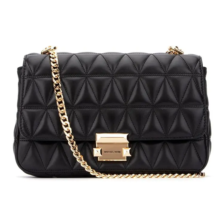 Michael Kors MK Sloan Quilted Crossbody Bag for Women – Lambskin and Leather Blend, Flap Closure, Chain Strap, Medium Size, Black