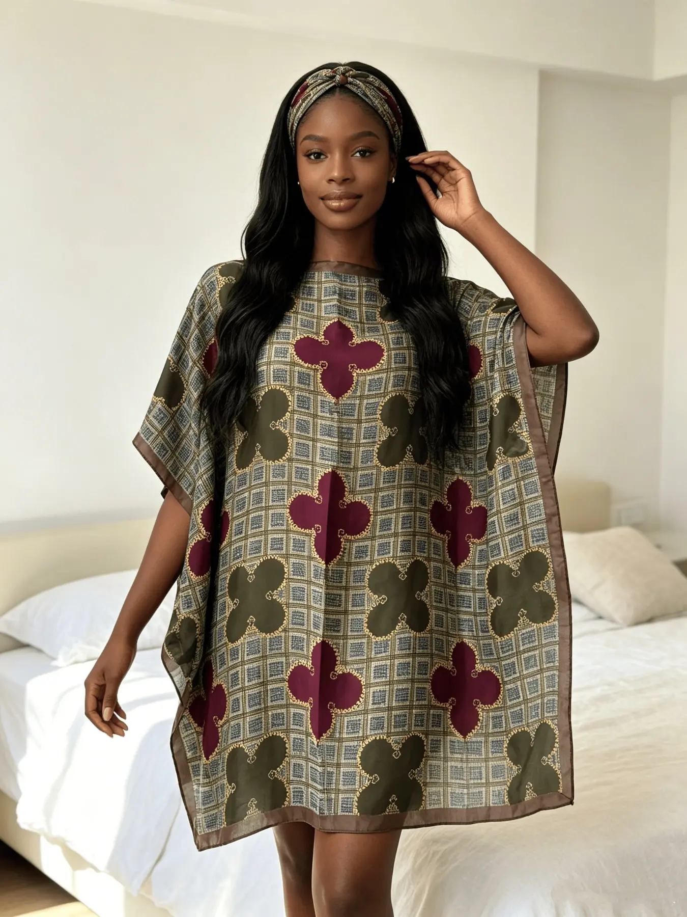 Women Oversized Silk Feel Kaftan Mini Dress  Retro Grid Floral Print Loose Fit Sleep Dress Casual Loungewear Holiday Bathing Suit Cover Up
