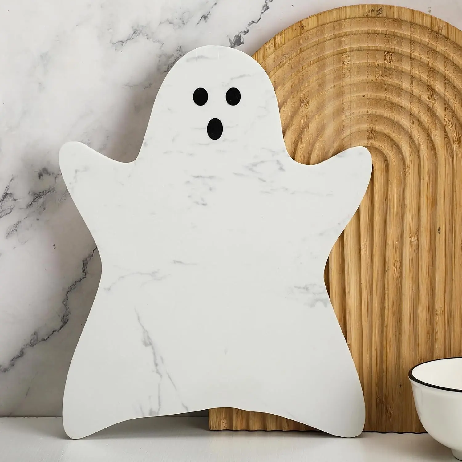 Halloween Ghost Marble Cheese Board, 11.8 x 9.8 Inch White Marble Charcuterie Board Decorative Serving Tray for Halloween Cheese, Appetizers, Kitchen and Holiday