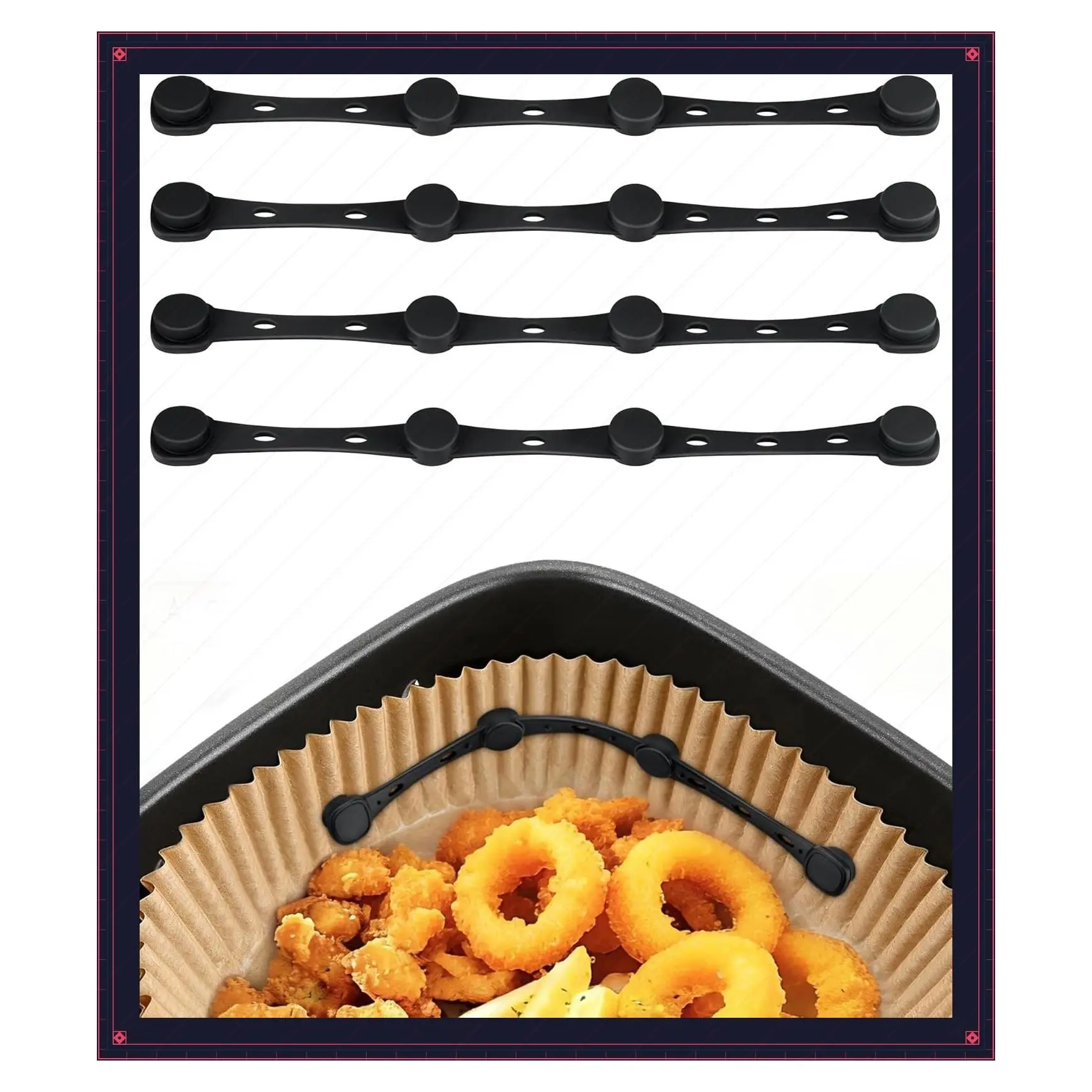 4Pcs Food-Grade Air Fryer Magnets for Holding Disposable Parchment Paper Securely, Non-Segmented Silicone Buckle Locks Liner, Air Fryer Accessories Prevents Paper from Flying Up & BurningGift