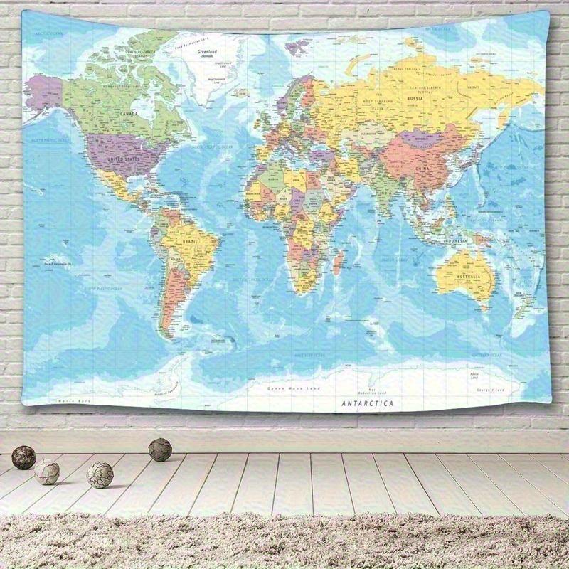 Colorful Educational World Map Wall Tapestry - Tapestries with Countries & Major Cities, Durable Peach Beige Fabric, Multiple Sizes, Easy-Install Hooks, Smooth Texture for Youngsters' Room, Living Room, Indoor Use, No Electricity Needed