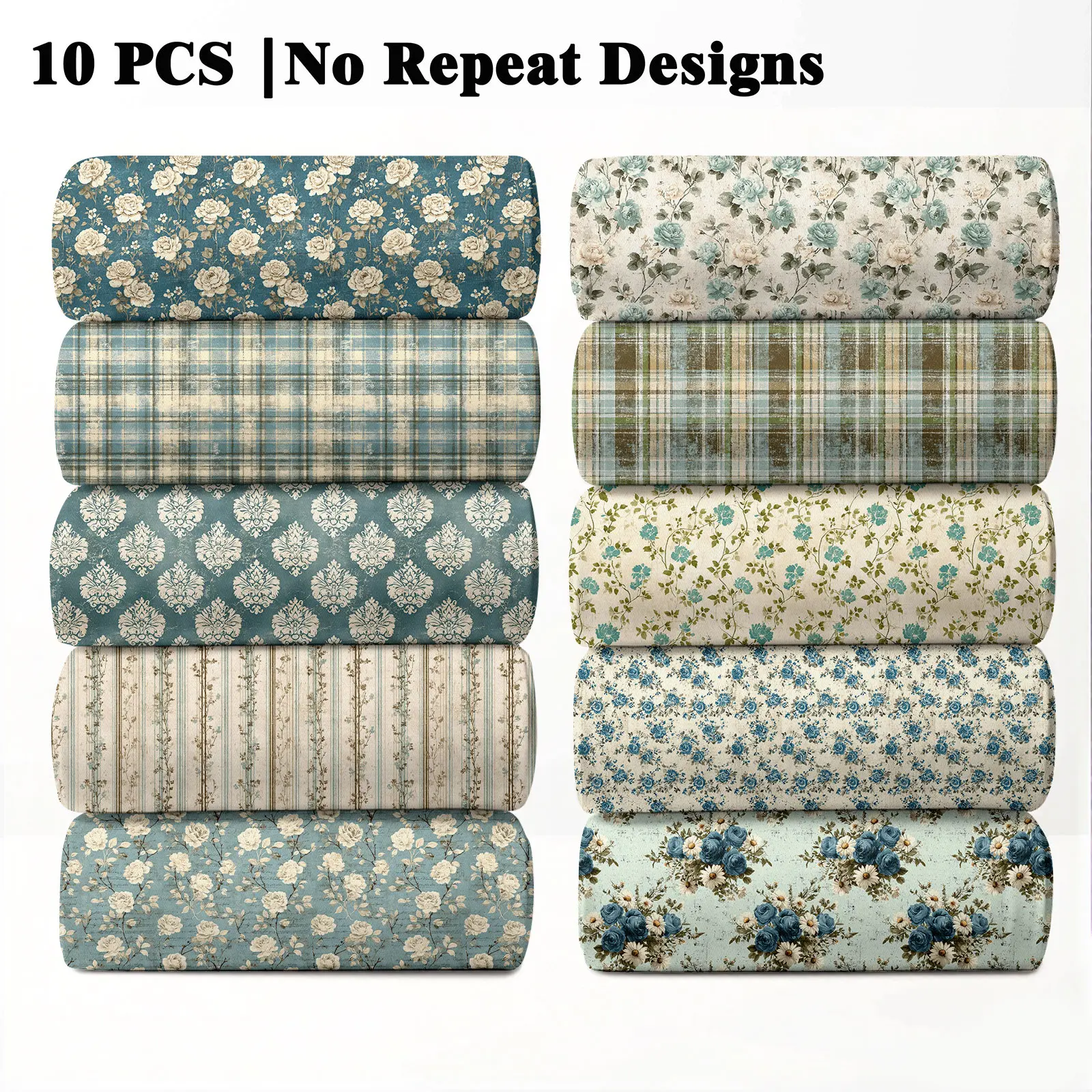 10PCS Dusty Blue Cottage Print Designs Soft Fabric, 23x55cm (9x22in) Classic Vintage Cottage Pattern Plaid Quilting Home Decor DIY