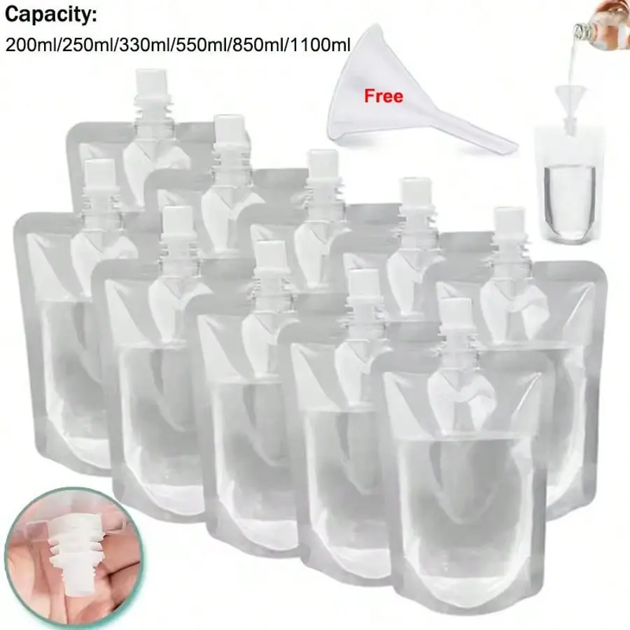 50-Pack Reusable Leak-Proof Bags, 200-1100ML Transparent Stand-Up Pouches, Ideal for Hot/cold Drinks, Juice, Milk, Alcohol, Water, Outdoor Travel Containers