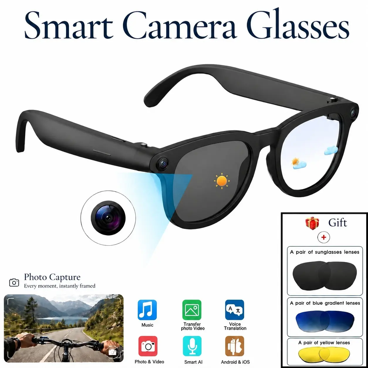 Photography AI intelligent Bluetooth glasses, with three replacement magnetic lenses as a gift, for recording photography videos with high-definition image quality, UV protection, blue light filtering, enhanced light, anti shake lens, and real-time langua