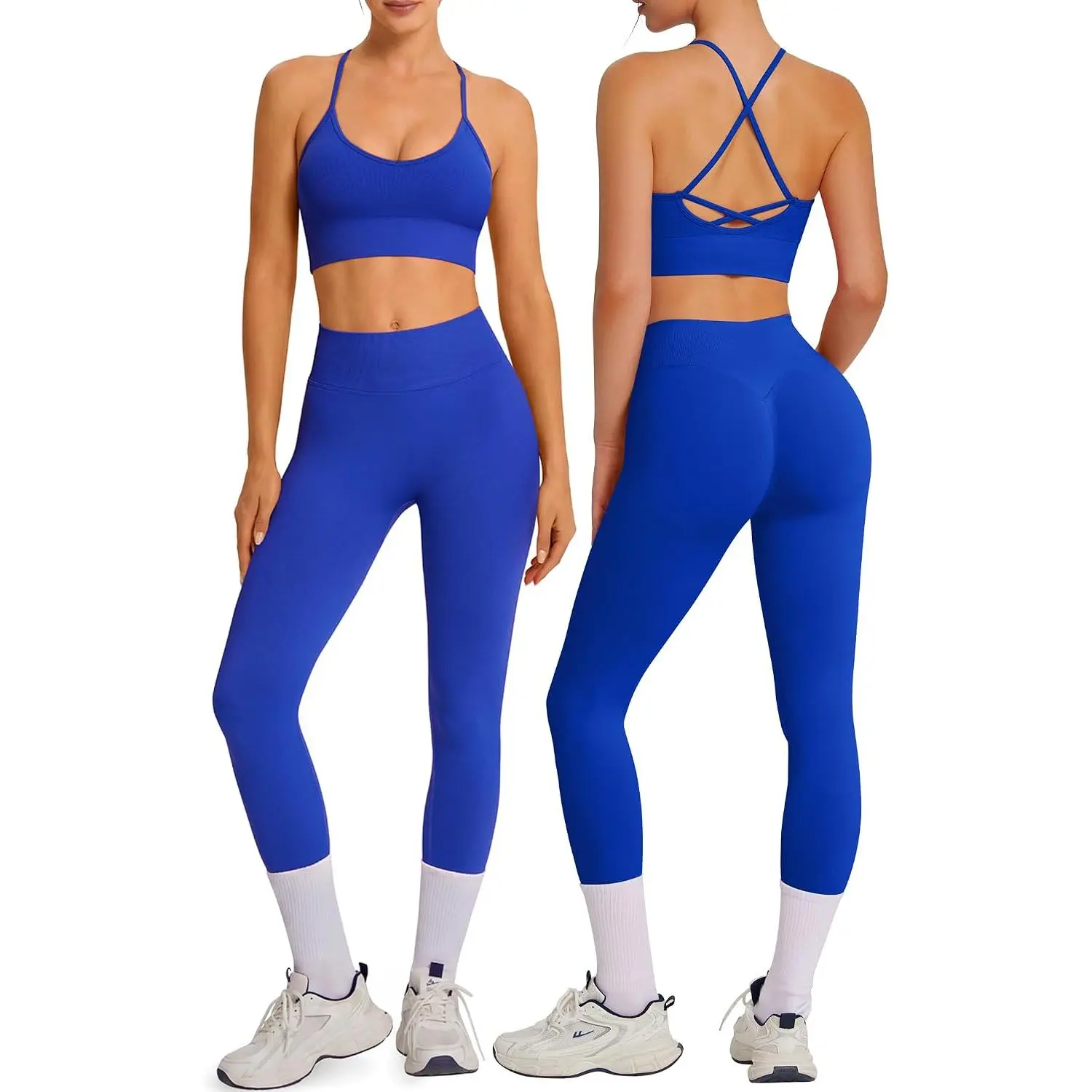 OMKAGI Padded Workout Sets for Women Cross Back Tank Gym Leggings Outfits