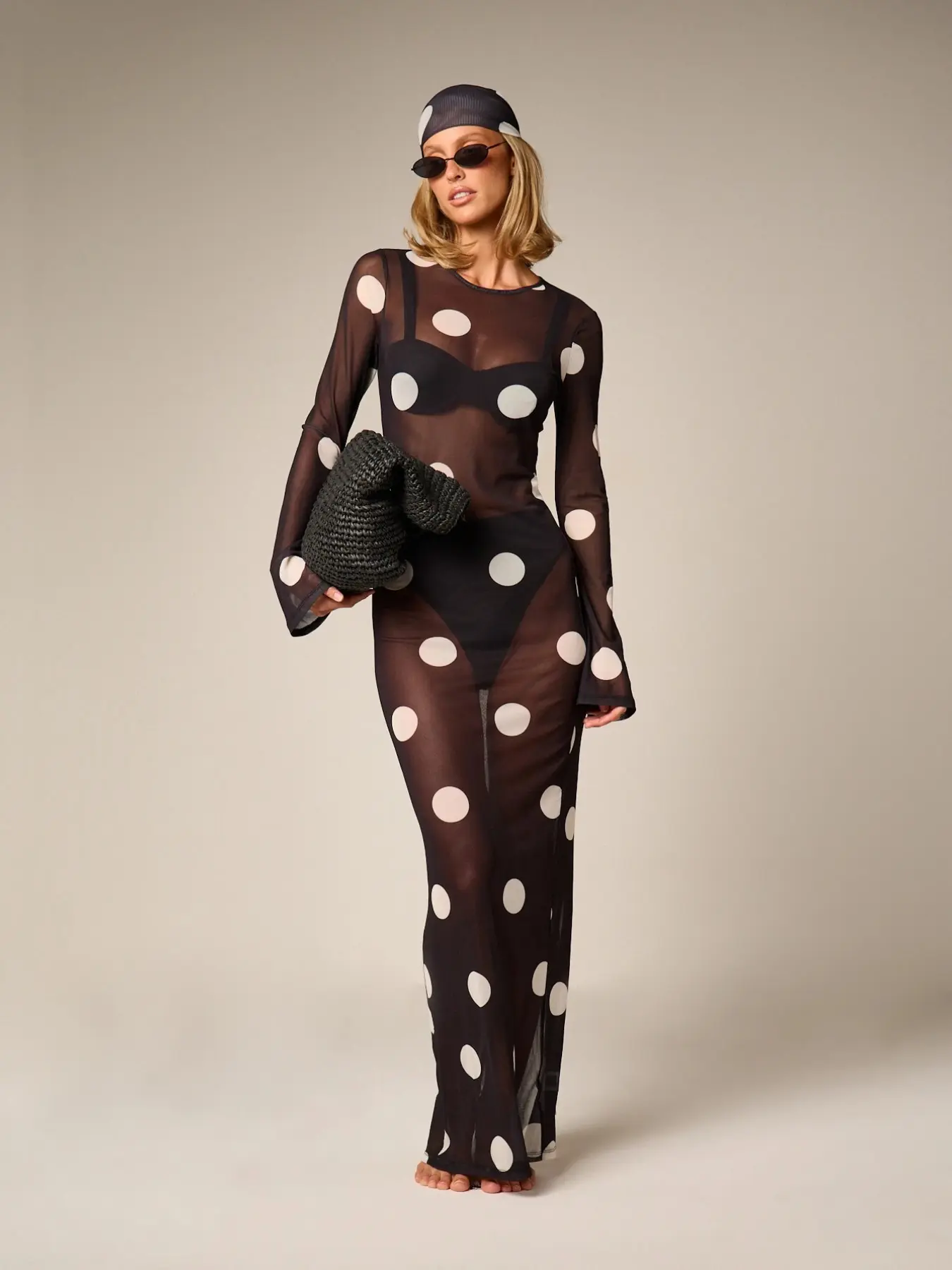 Women's Polka Dot Pattern Sheer Long Sleeve Slit Hem Floor Length Swim Cover-Up Dress with Headscarf, Matching Two-Piece Set for Resort, Tropical Beach & Vacation, Slim-Fit Mesh Cover-Up Dress, Ideal for Pool, Party & Holiday