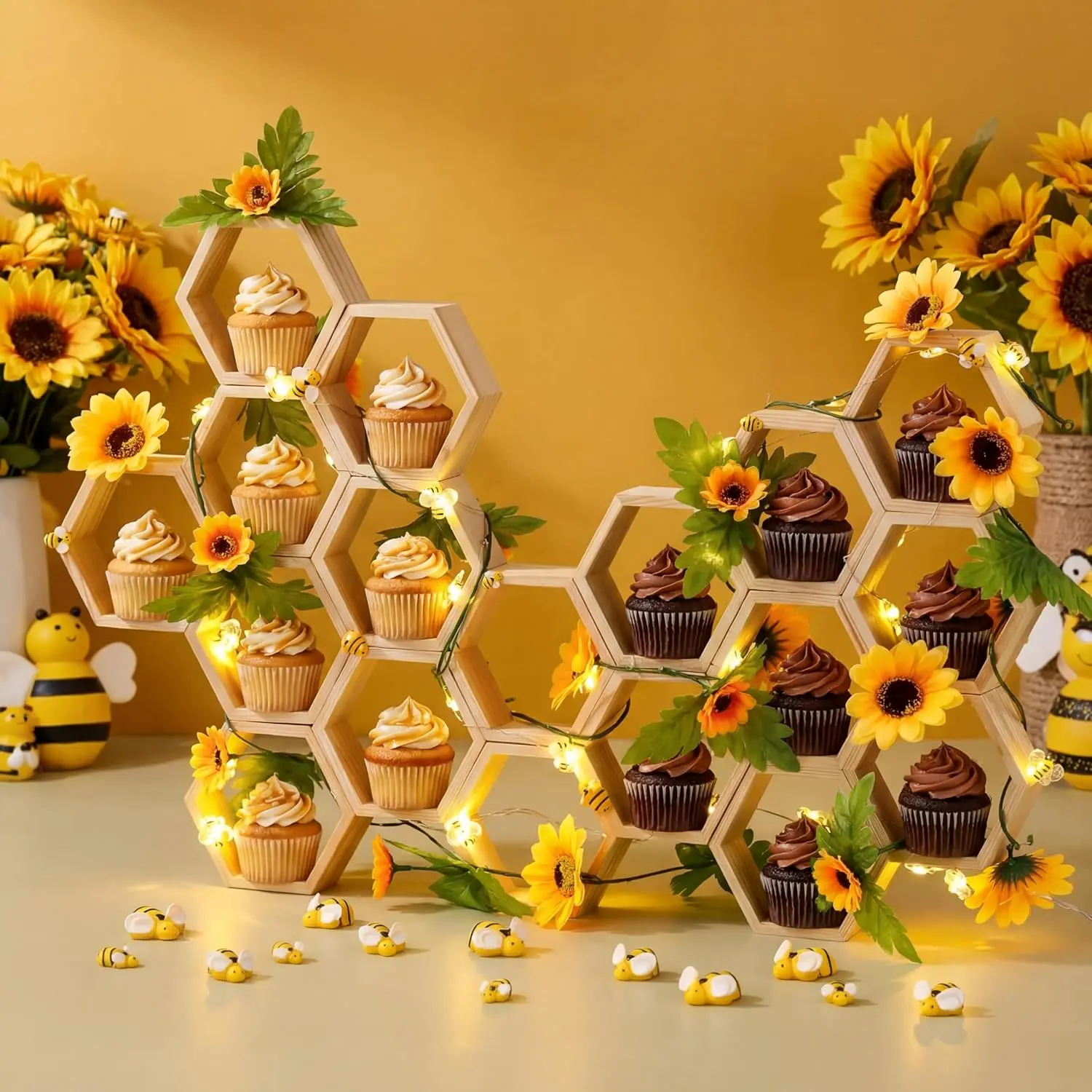 Gerrii 18 Pcs Mini Honeycomb Cupcake Stands Wooden Hexagon Cake Holders with Bees, Bee String Lights, Sunflower Vine Garlands for Baby Bee Gender Reveal Birthday Baby Shower (4.1 Inches,Natural)