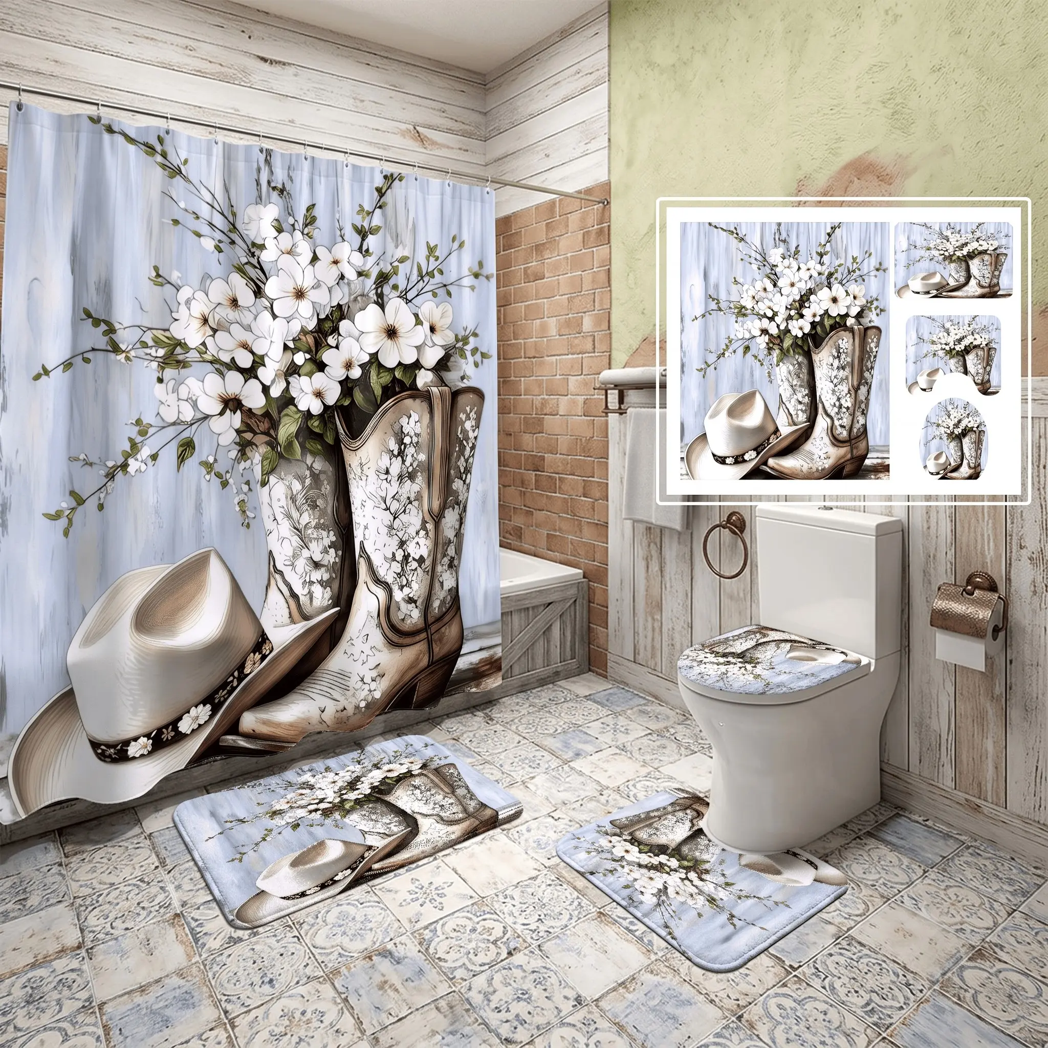 4pcs Rustic Cowboy Boots Floral Shower Curtain Set, Non Slip Rug, Toilet Lid Cover, The floor mat fabric is thicker and softer! Bath Matfor Spring Thanksgiving Festival Bathroom Decor