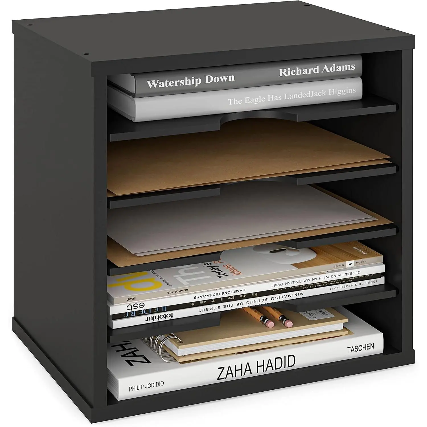 5-Tier Wooden File Organizer for Desk, Mail Sorter with Adjustable Shelves, Letter Trays & Stacking Supports, Paper Storage, Office Organization, Black